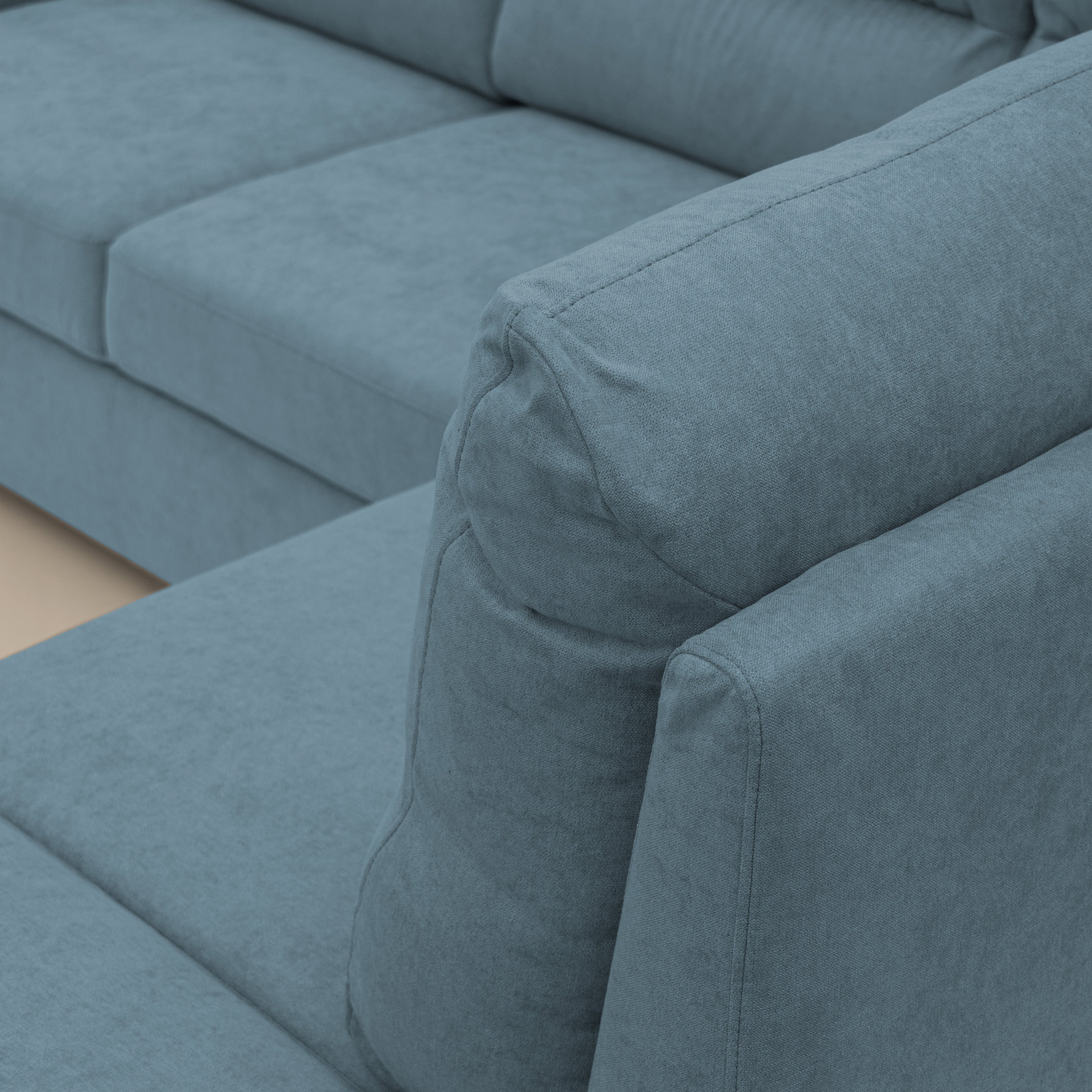 Minerva divano angolare con estraibile a cassettone e pouf contenitore in tessuto morbido impermeabile T02 carta da zucchero - divani.store