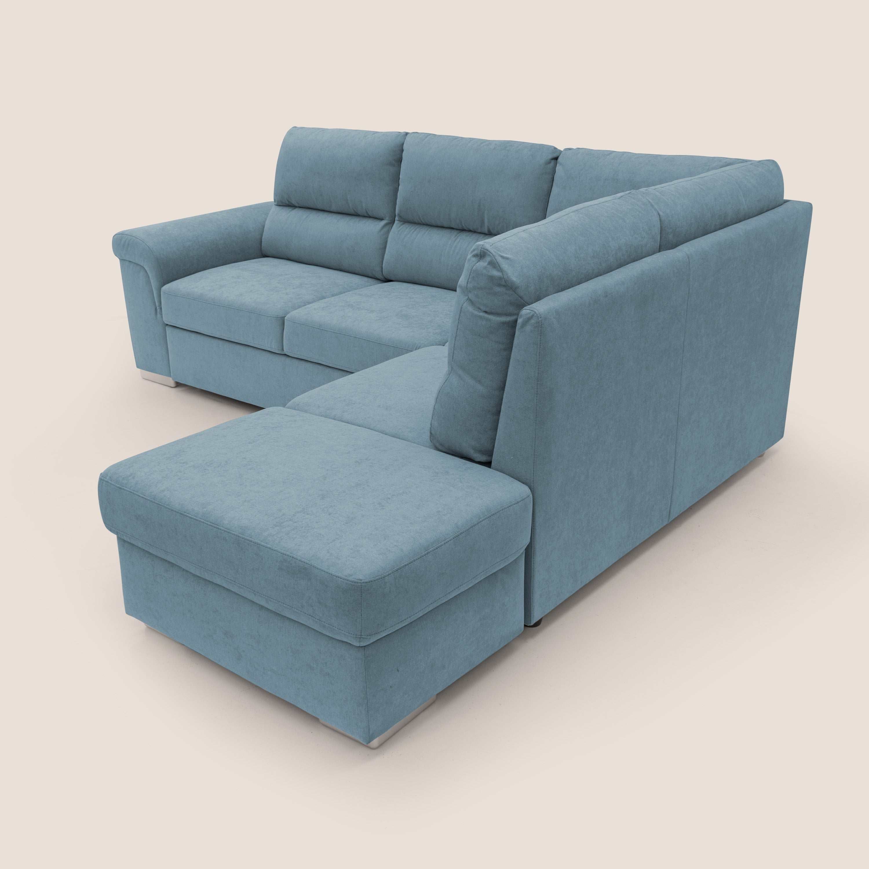 Minerva divano angolare con estraibile a cassettone e pouf contenitore in tessuto morbido impermeabile T02 carta da zucchero - divani.store