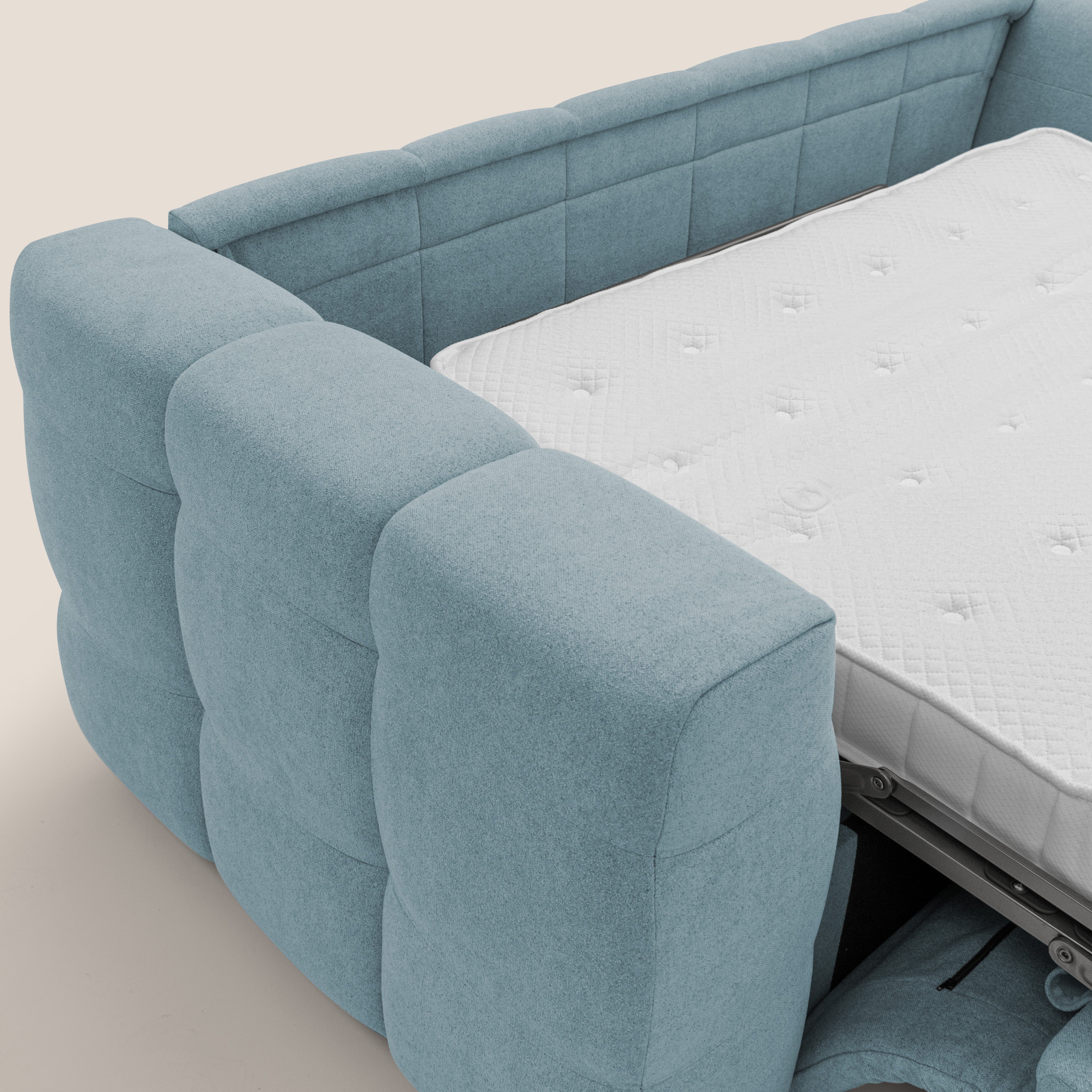 Tender Divano letto matrimoniale dal design innovativo in tessuto bouclet impermeabile T07 carta da zucchero - divani.store
