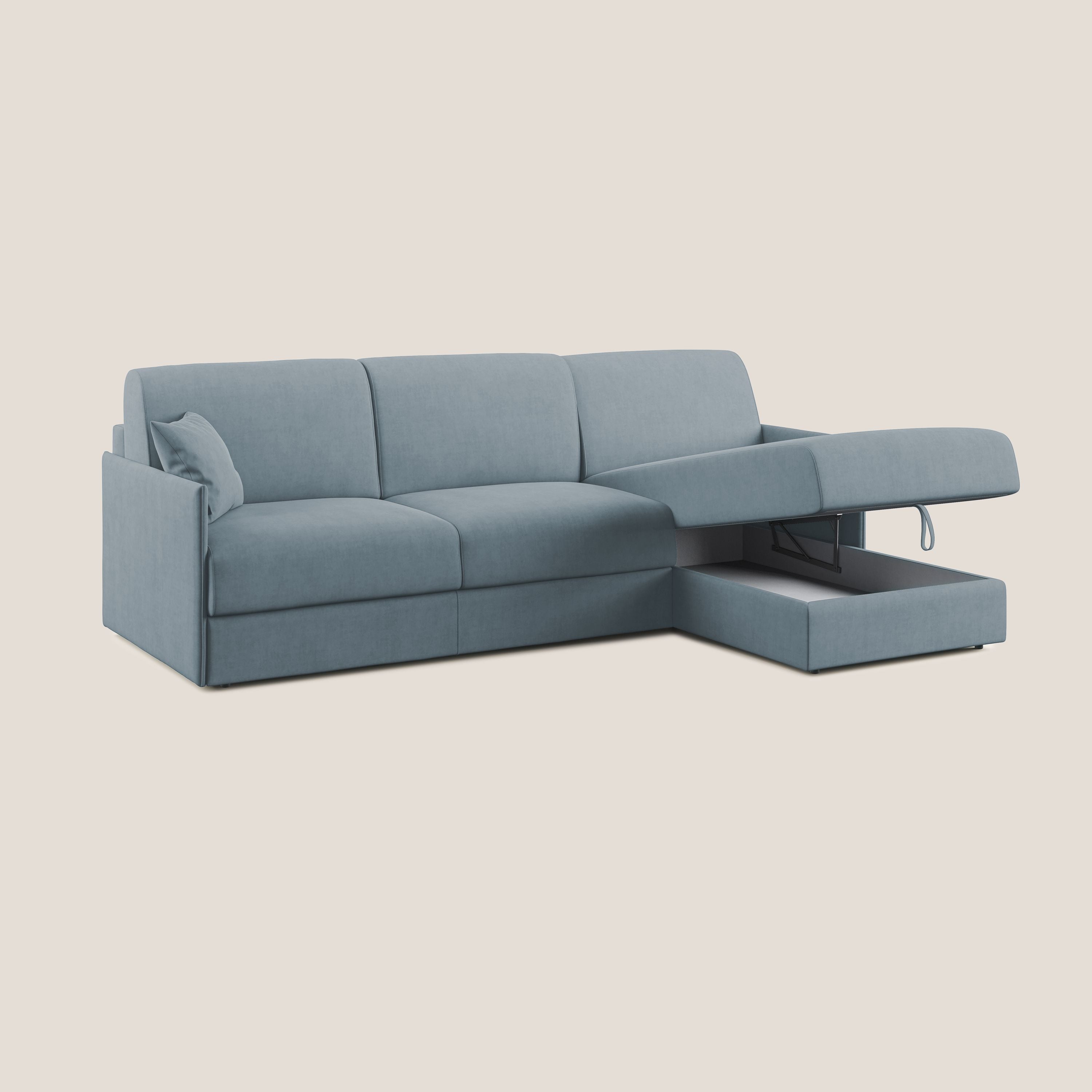 Evans Divano letto angolare con penisola in morbido tessuto impermeabile T02 carta da zucchero - divani.store