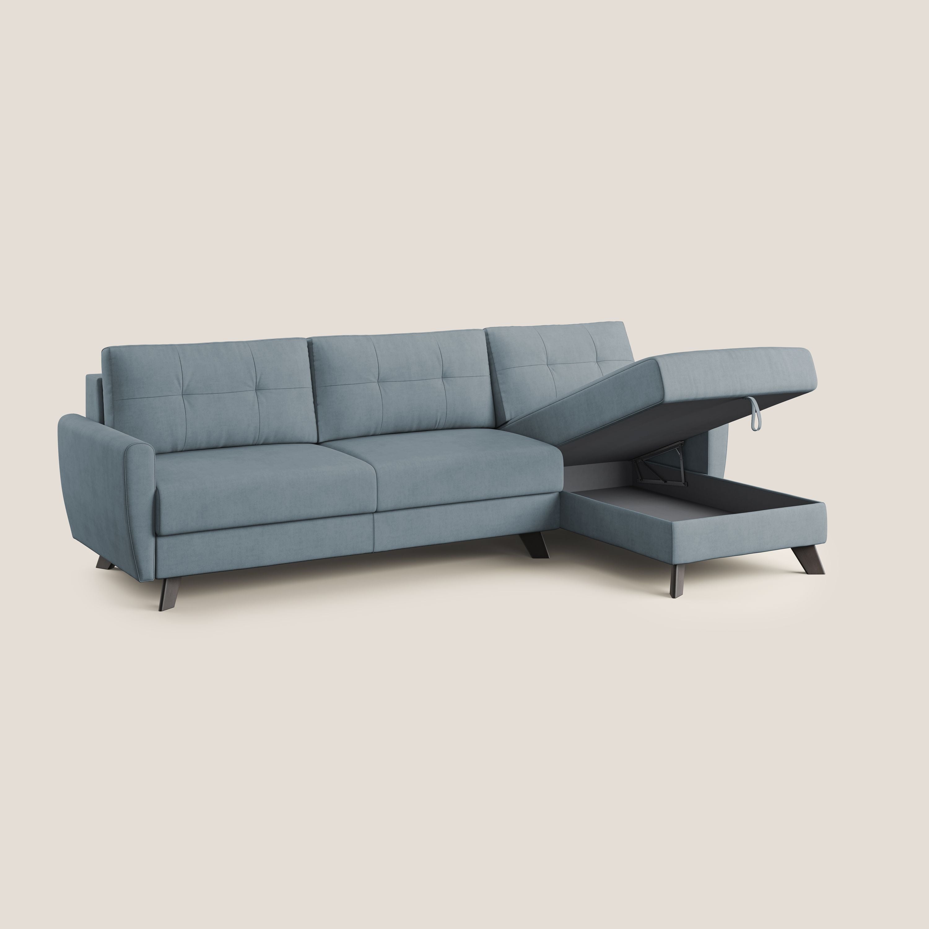 Callisto Divano letto angolare con penisola in tessuto morbido impermeabile T02 carta da zucchero - divani.store