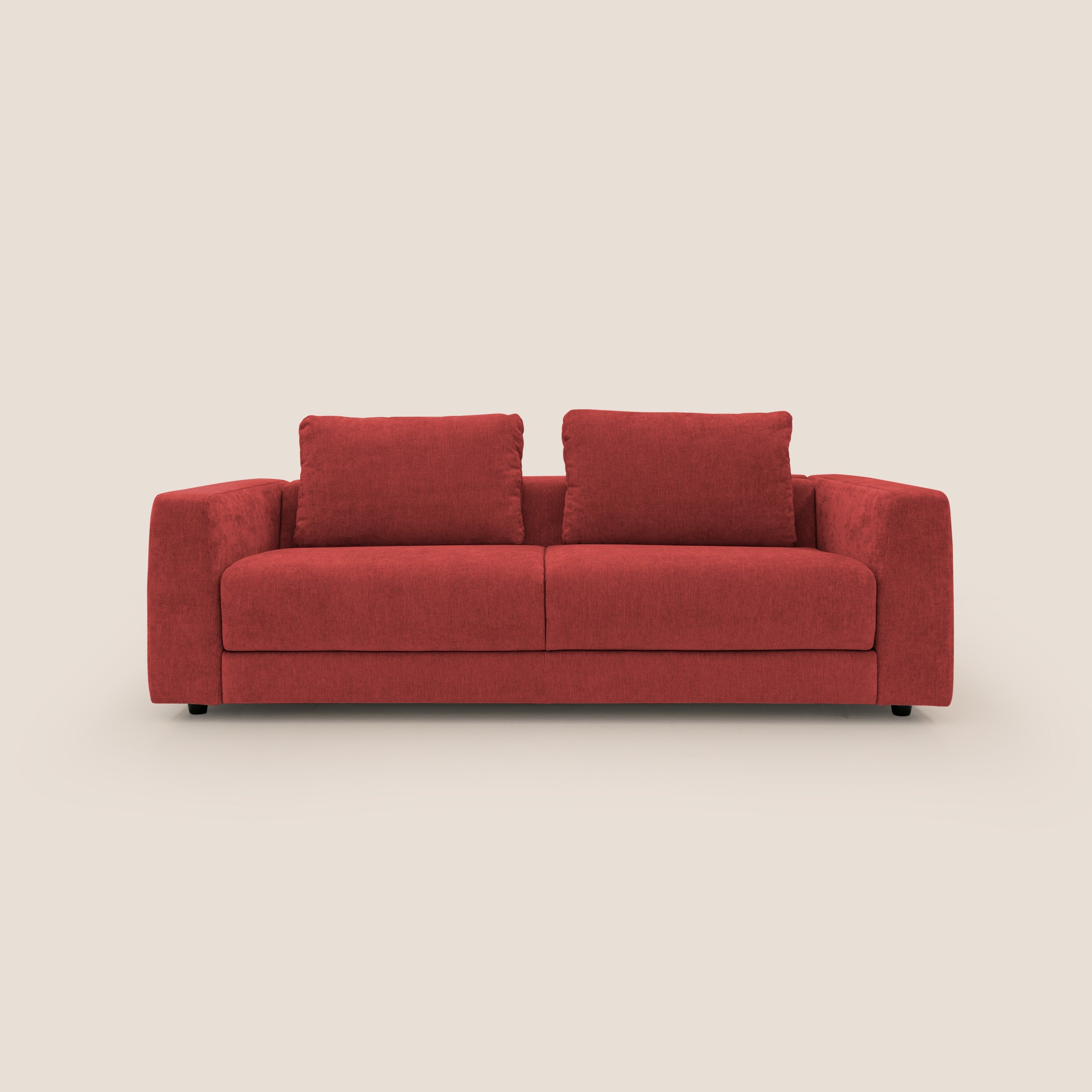 Freia Divano letto minimal materasso h15 cm con morbidi schienali in tessuto impermeabile T14 rosso - divani.store