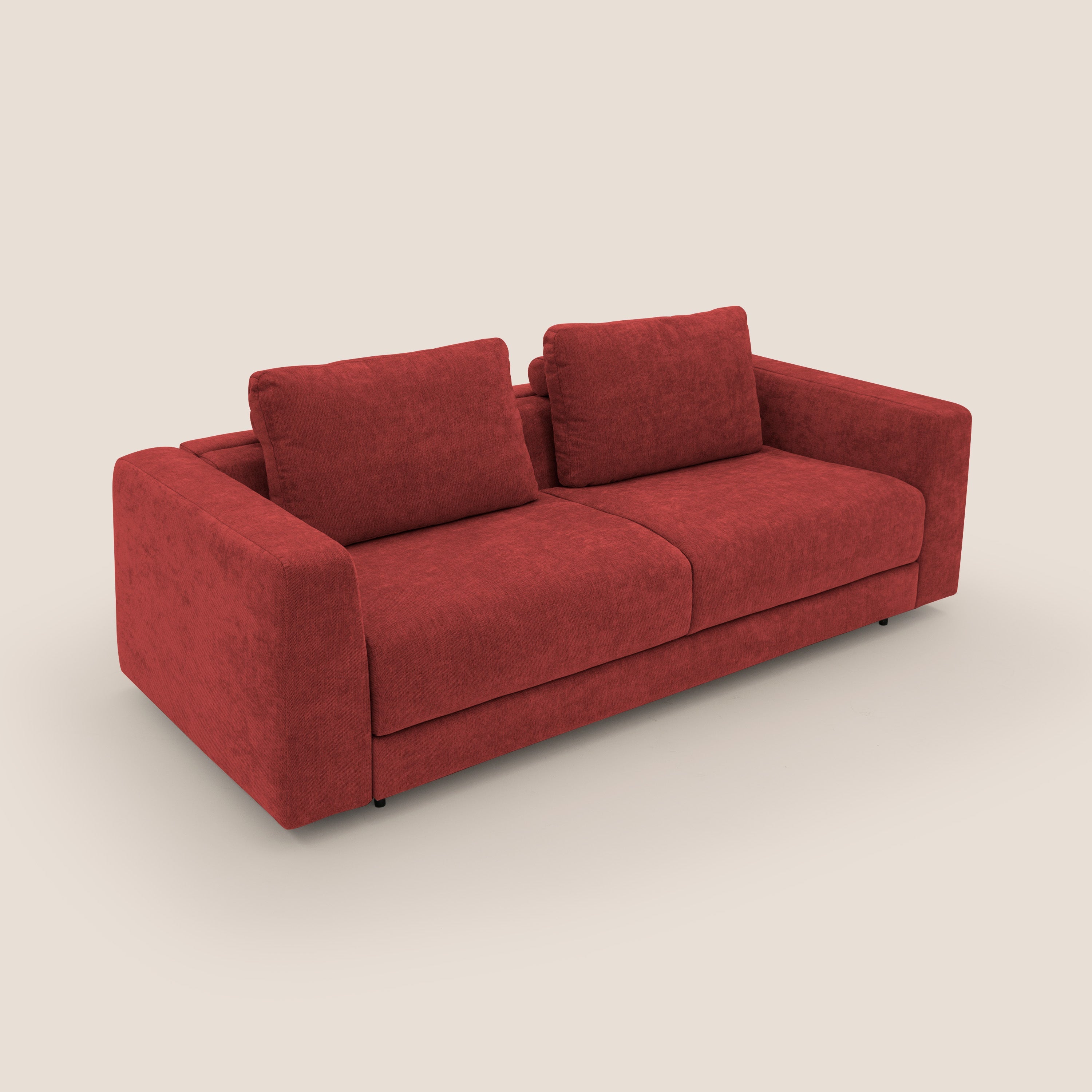 Freia Divano letto minimal materasso h15 cm con morbidi schienali in tessuto impermeabile T14 rosso - divani.store