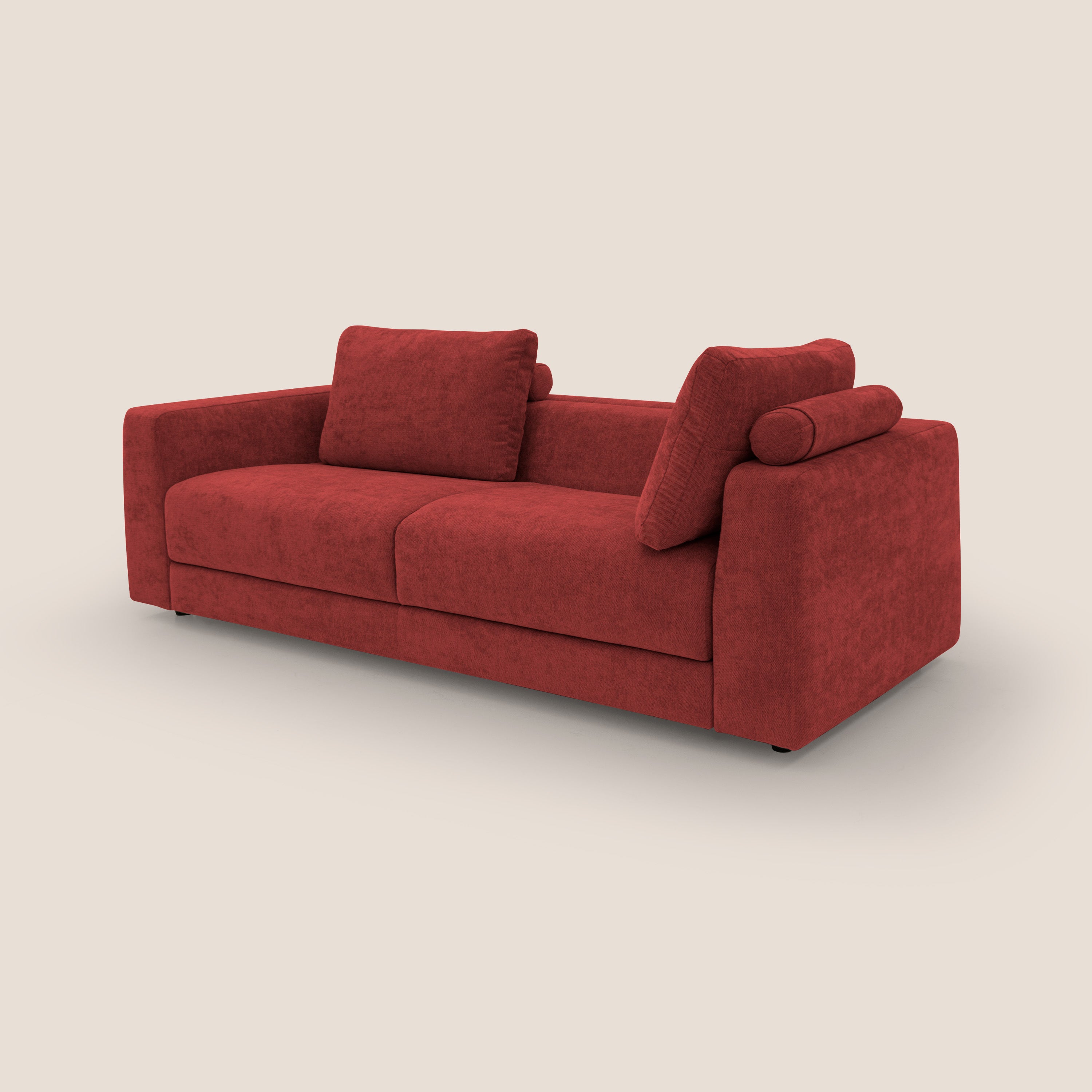 Freia Divano letto minimal materasso h15 cm con morbidi schienali in tessuto impermeabile T14 rosso - divani.store