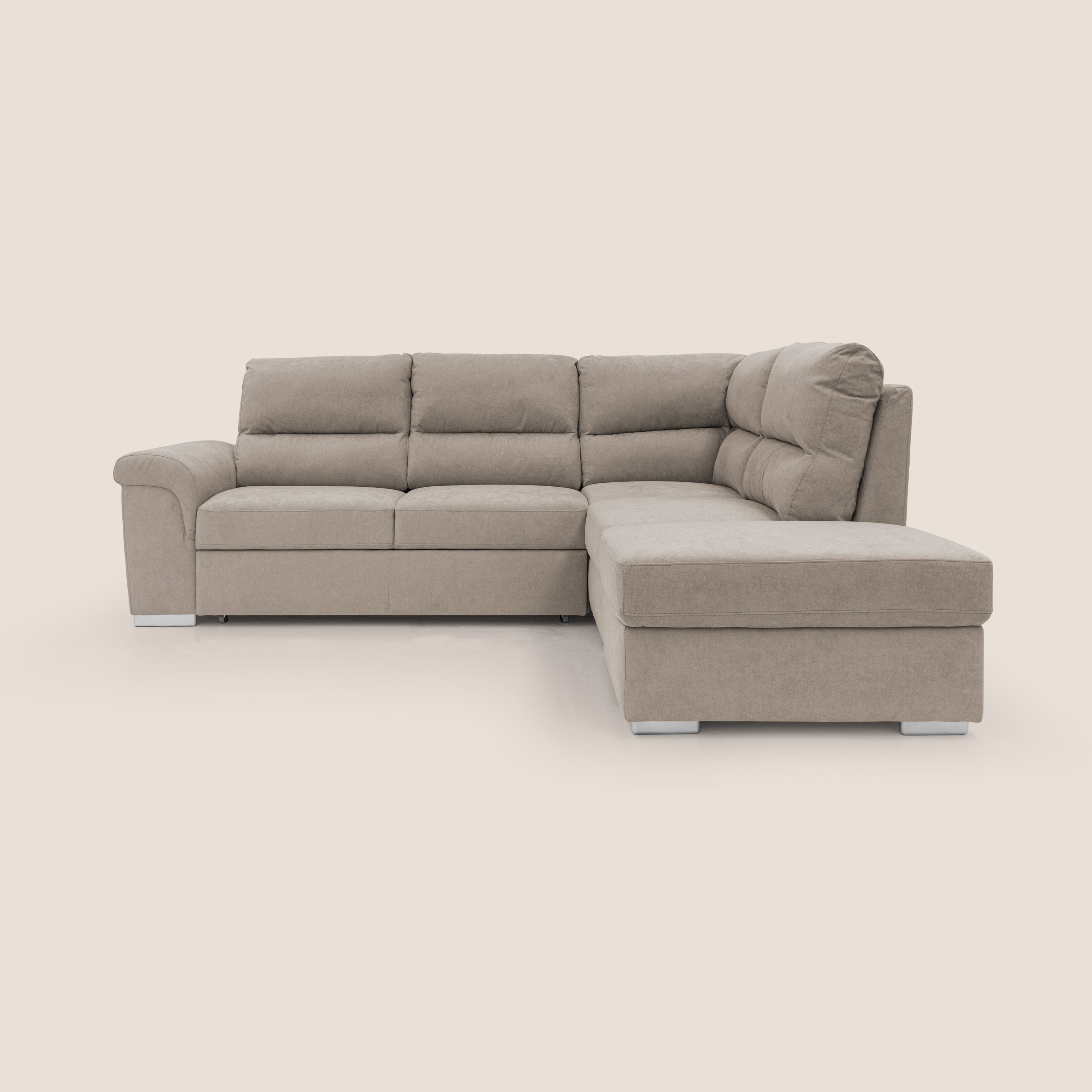 Minerva divano angolare con estraibile a cassettone e pouf contenitore in tessuto morbido impermeabile T02 beige - divani.store