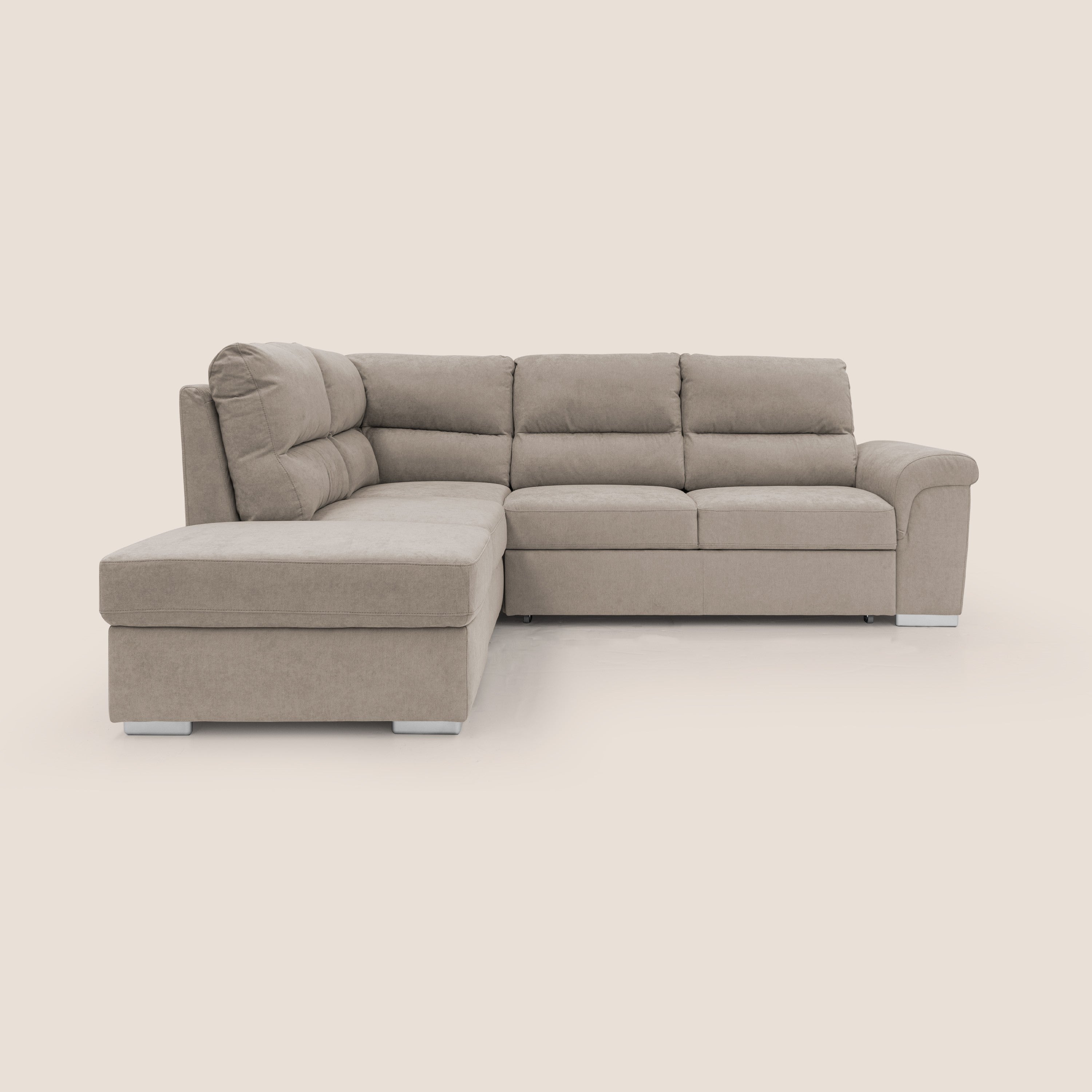 Minerva divano angolare con estraibile a cassettone e pouf contenitore in tessuto morbido impermeabile T02 beige - divani.store