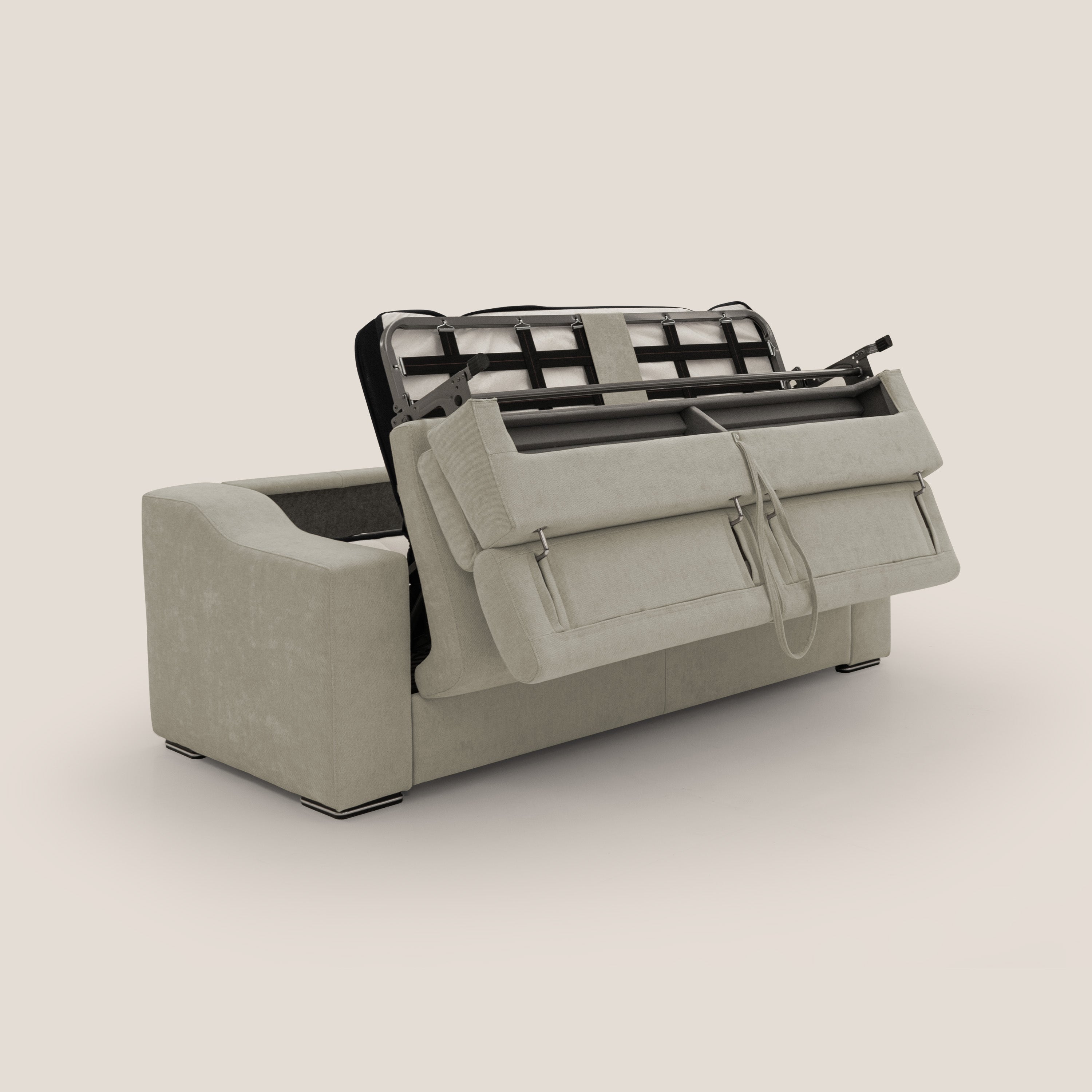 Bomber divano letto matrimoniale con poggiatesta in tessuto impermeabile T14 tortora - divani.store