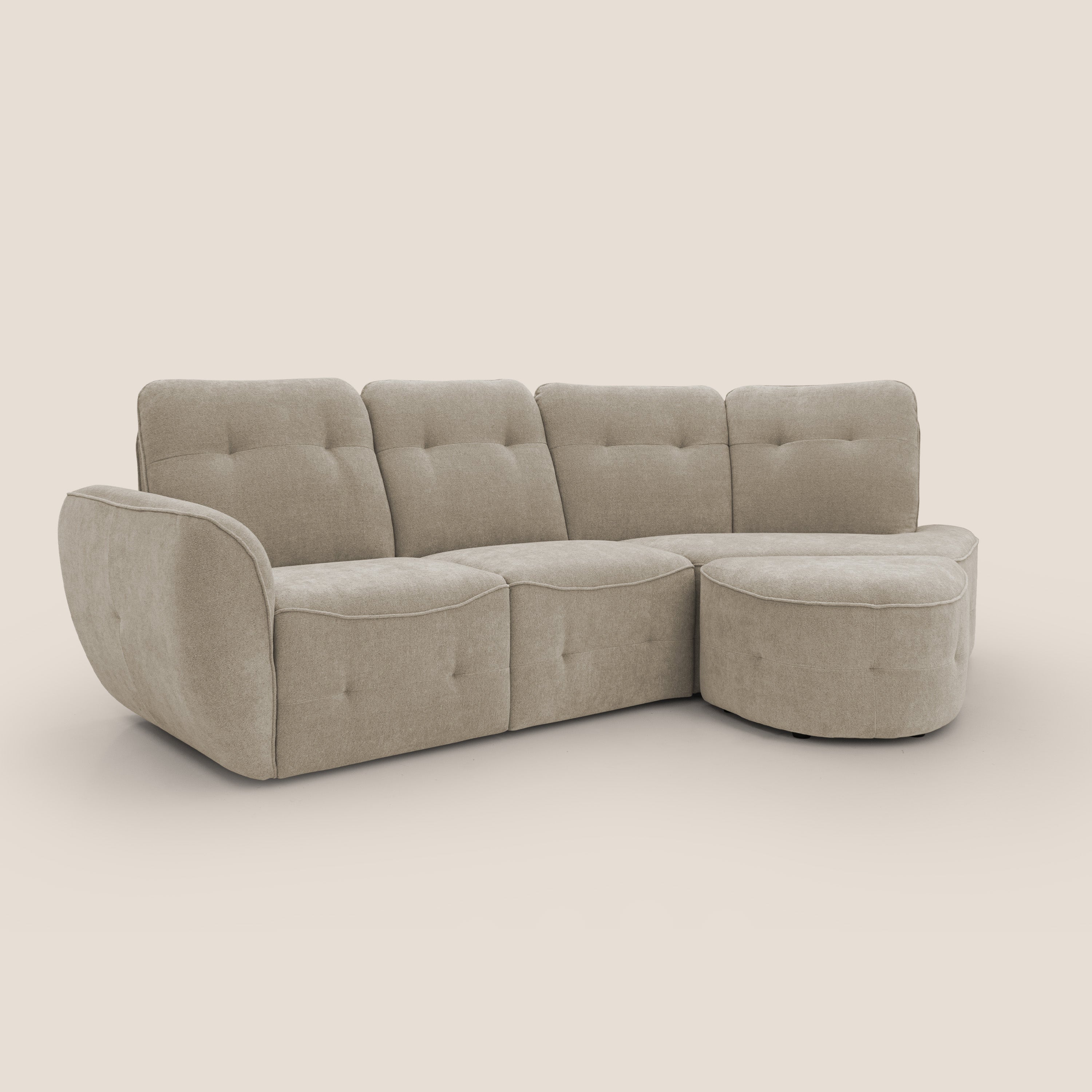 Cerbero divano angolare con pouf mobile in morbido bouclé impermeabile T07 beige - divani.store