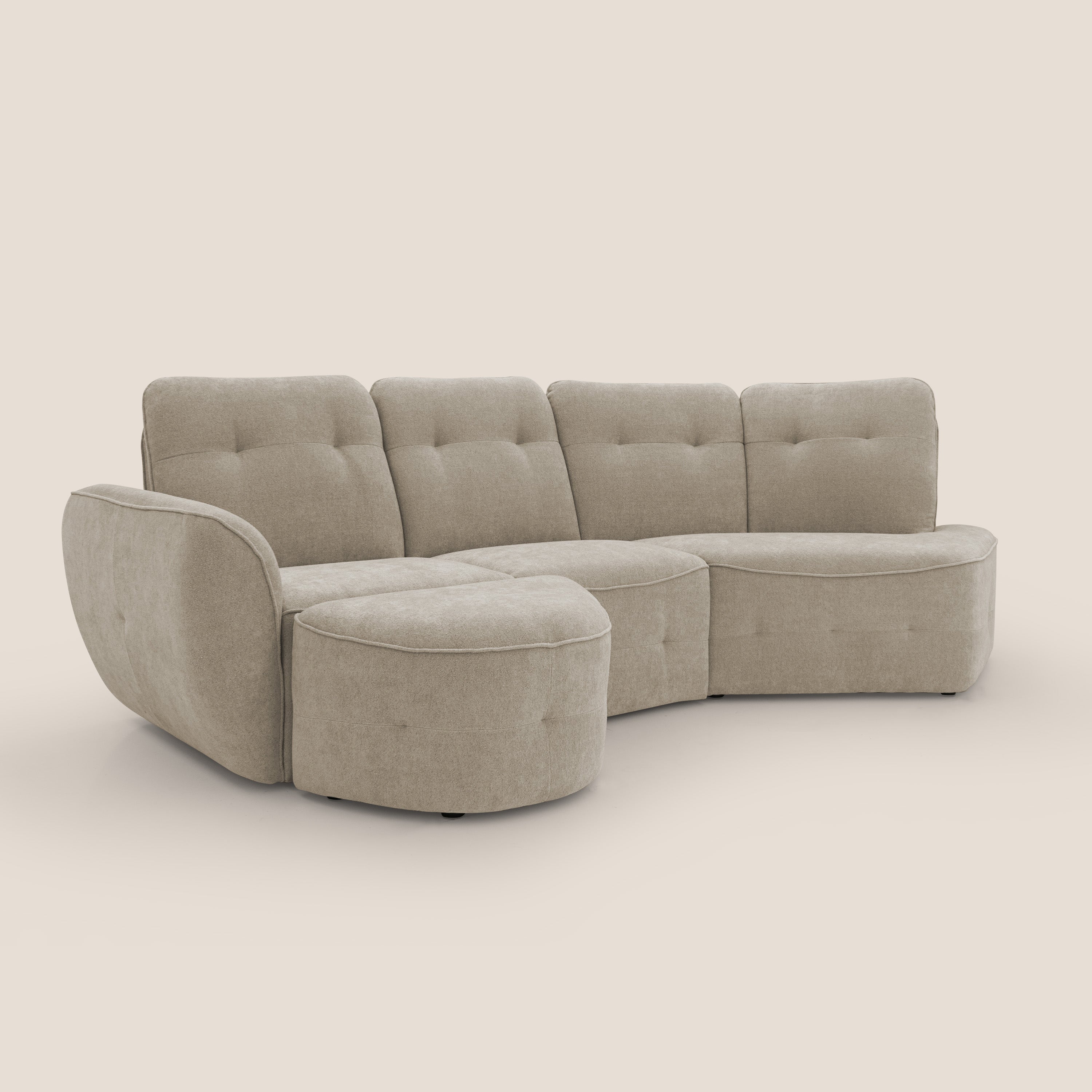 Cerbero divano angolare con pouf mobile in morbido bouclé impermeabile T07 beige - divani.store