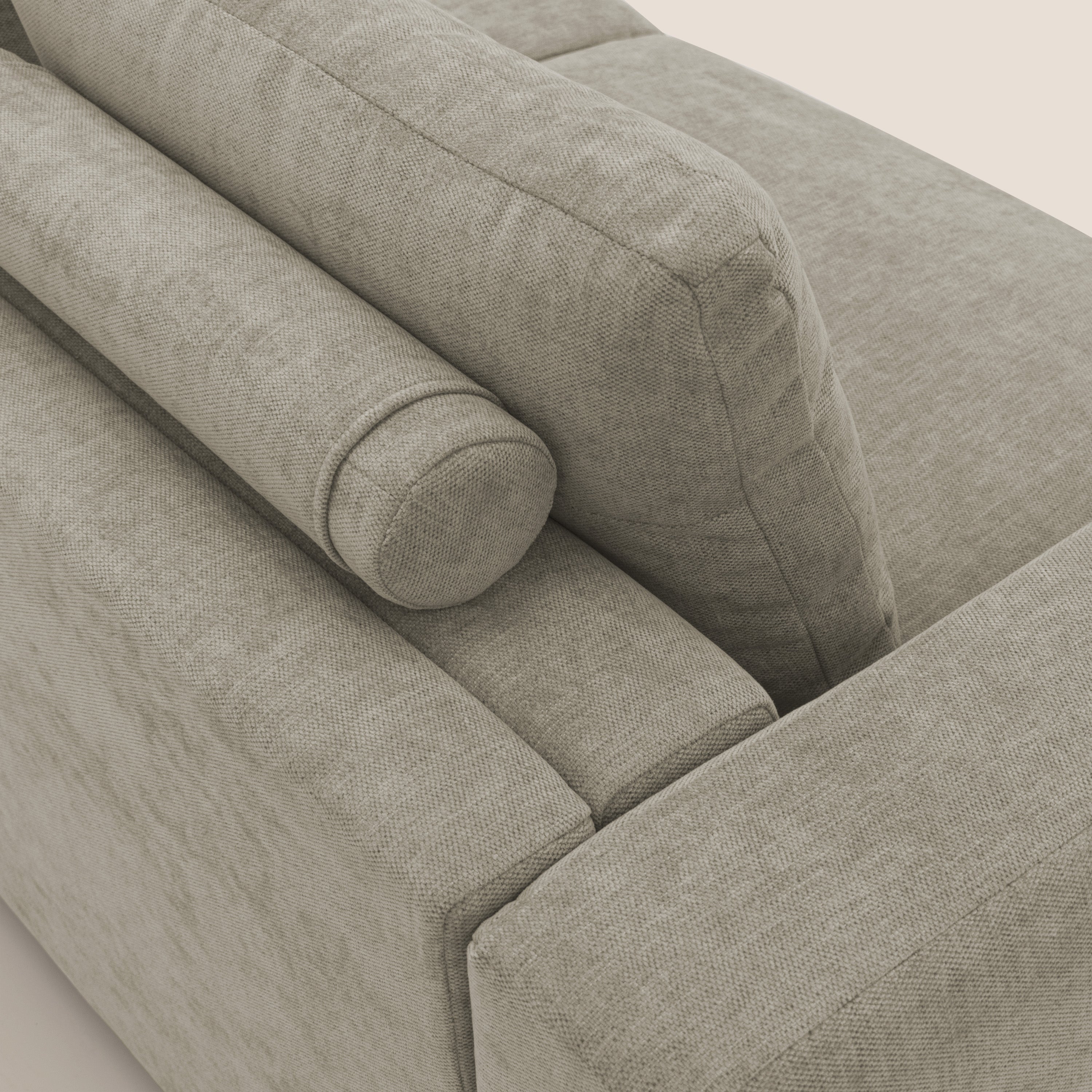 Freia Divano letto minimal materasso h15 cm con morbidi schienali in tessuto impermeabile T14 tortora - divani.store