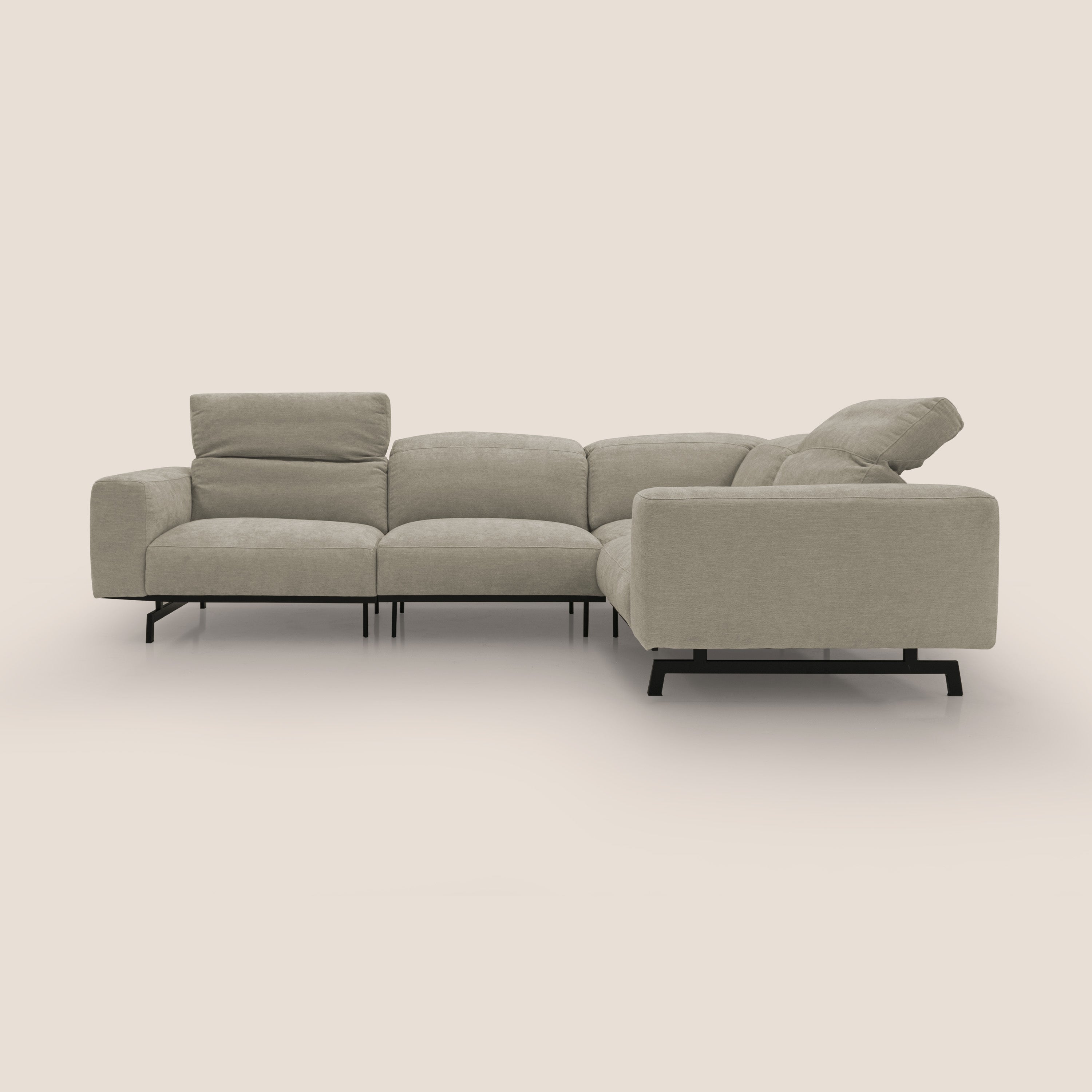 Sakura divano in piuma d'oca angolare REVERSIBILE in morbido tessuto fiammato impermeabile T14 tortora - divani.store