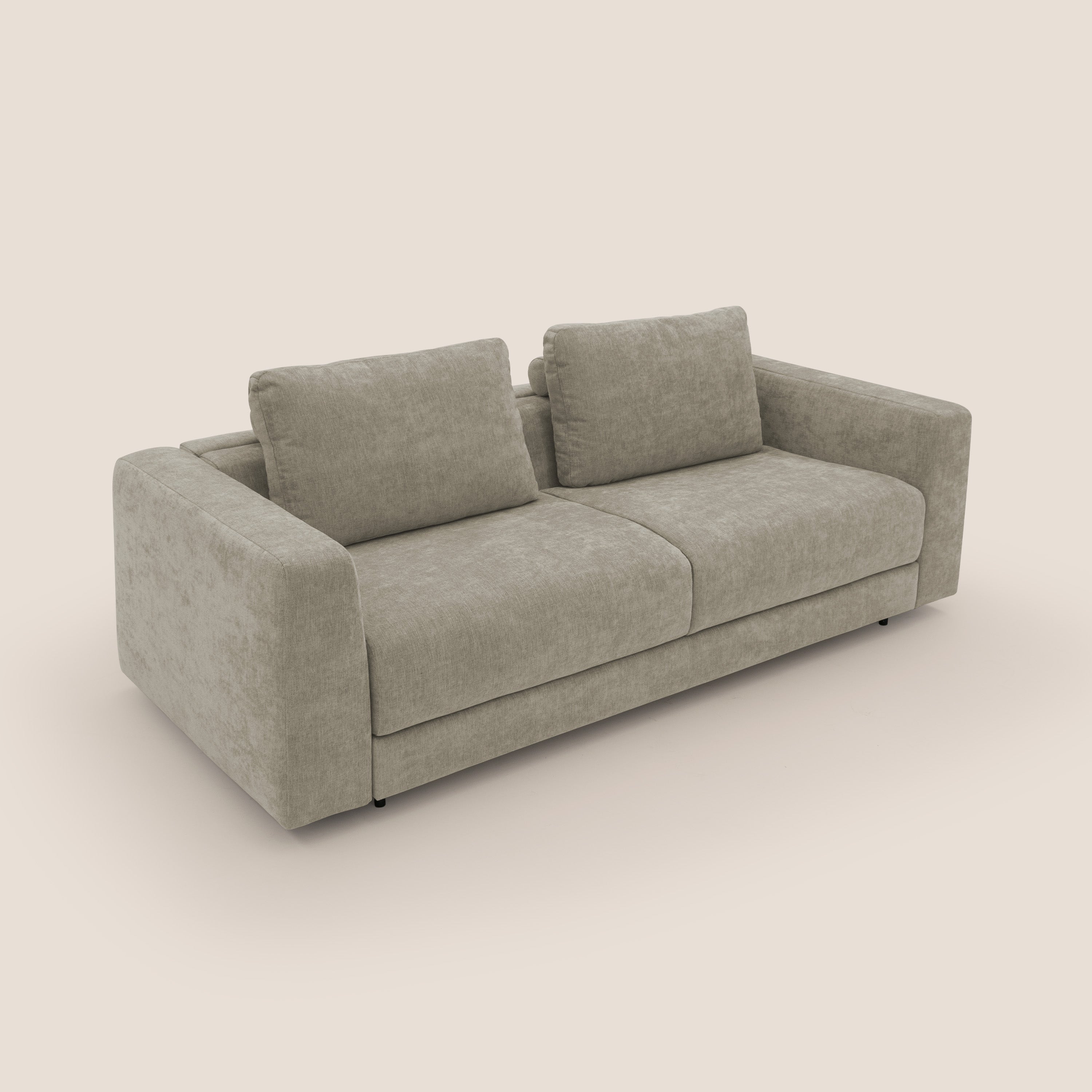 Freia Divano letto minimal materasso h15 cm con morbidi schienali in tessuto impermeabile T14 tortora - divani.store