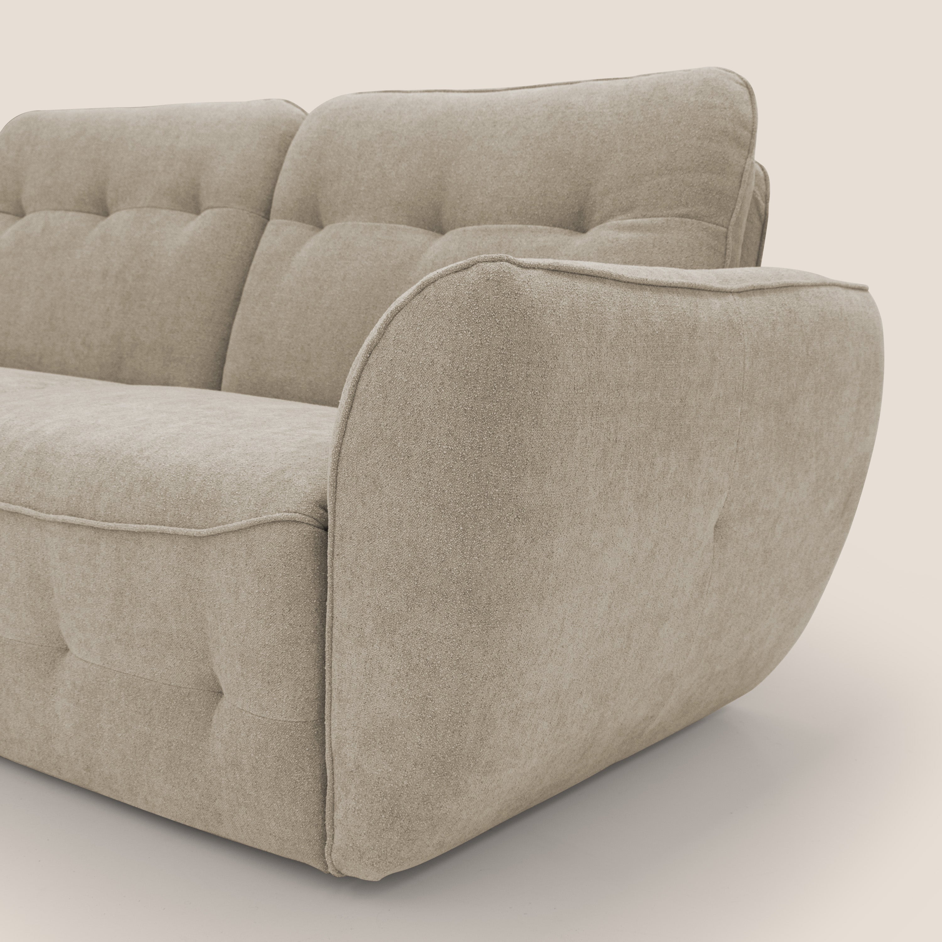 Cerbero divano angolare con pouf mobile in morbido bouclé impermeabile T07 beige - divani.store