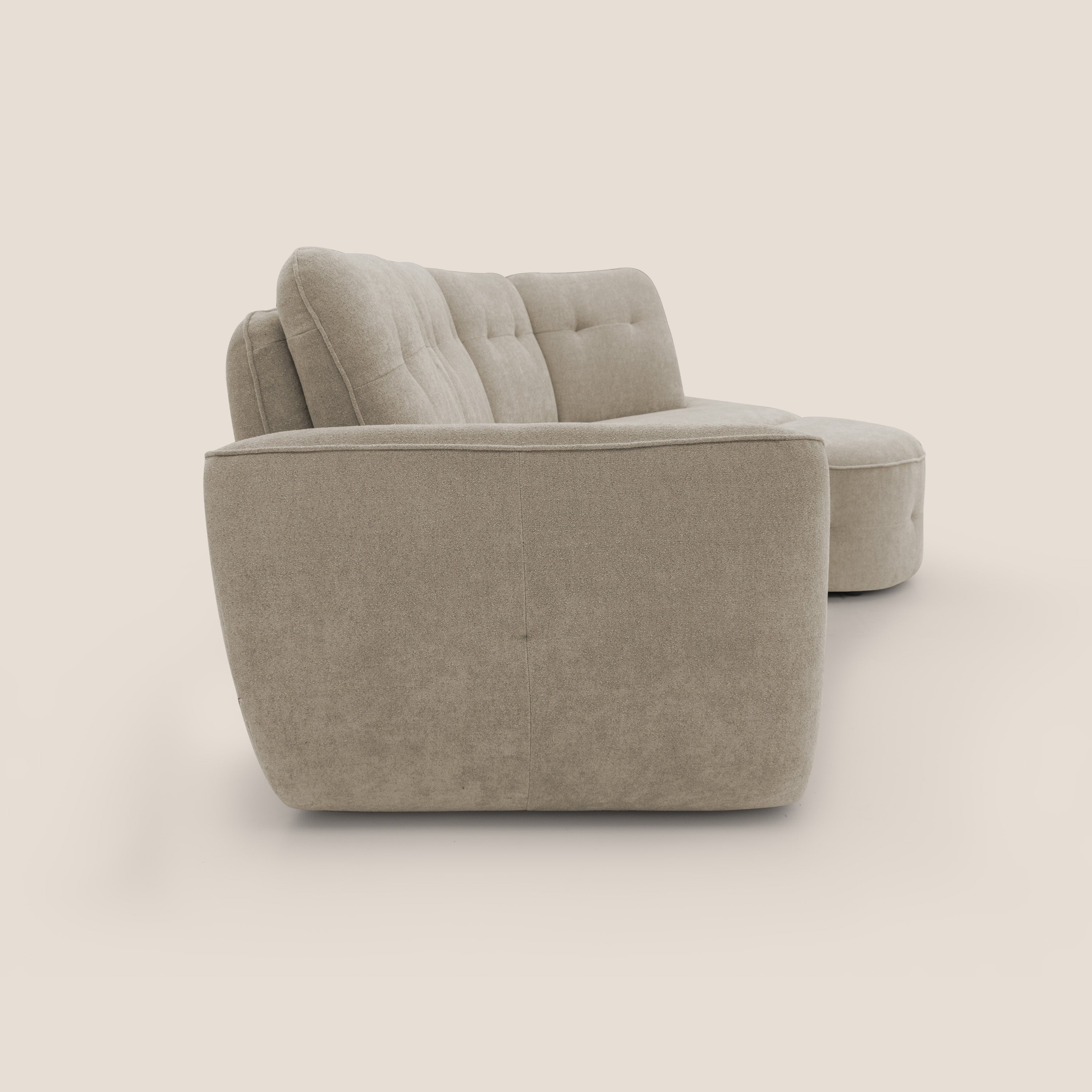 Cerbero divano angolare con pouf mobile in morbido bouclé impermeabile T07 beige - divani.store