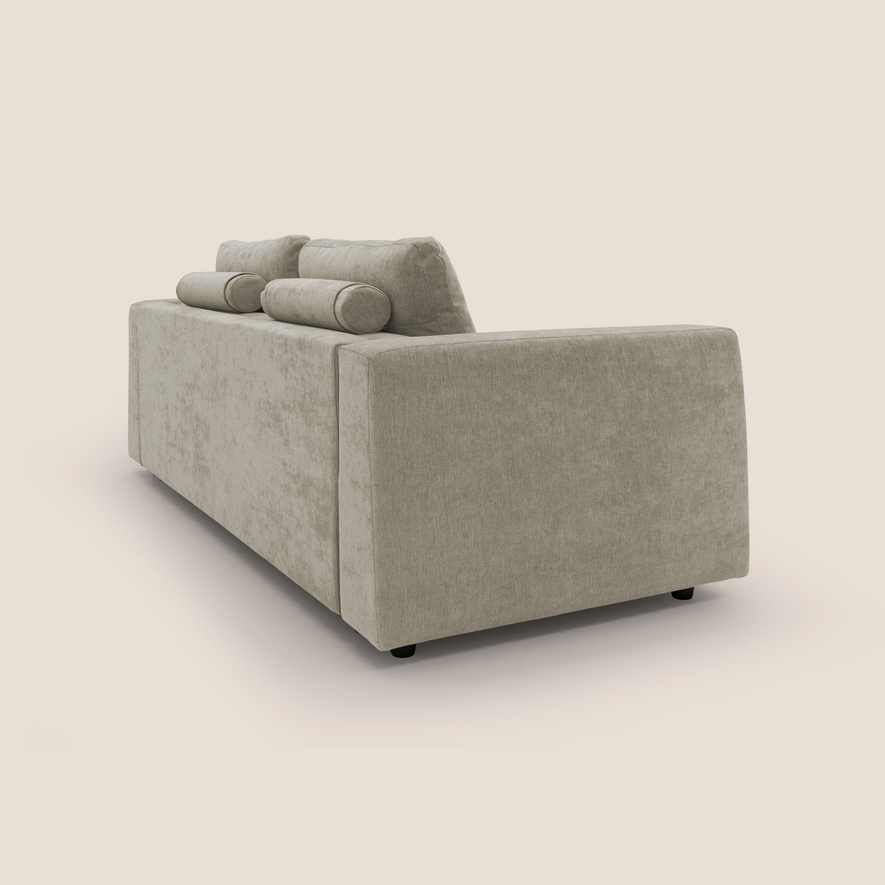 Freia Divano letto minimal materasso h15 cm con morbidi schienali in tessuto impermeabile T14 tortora - divani.store