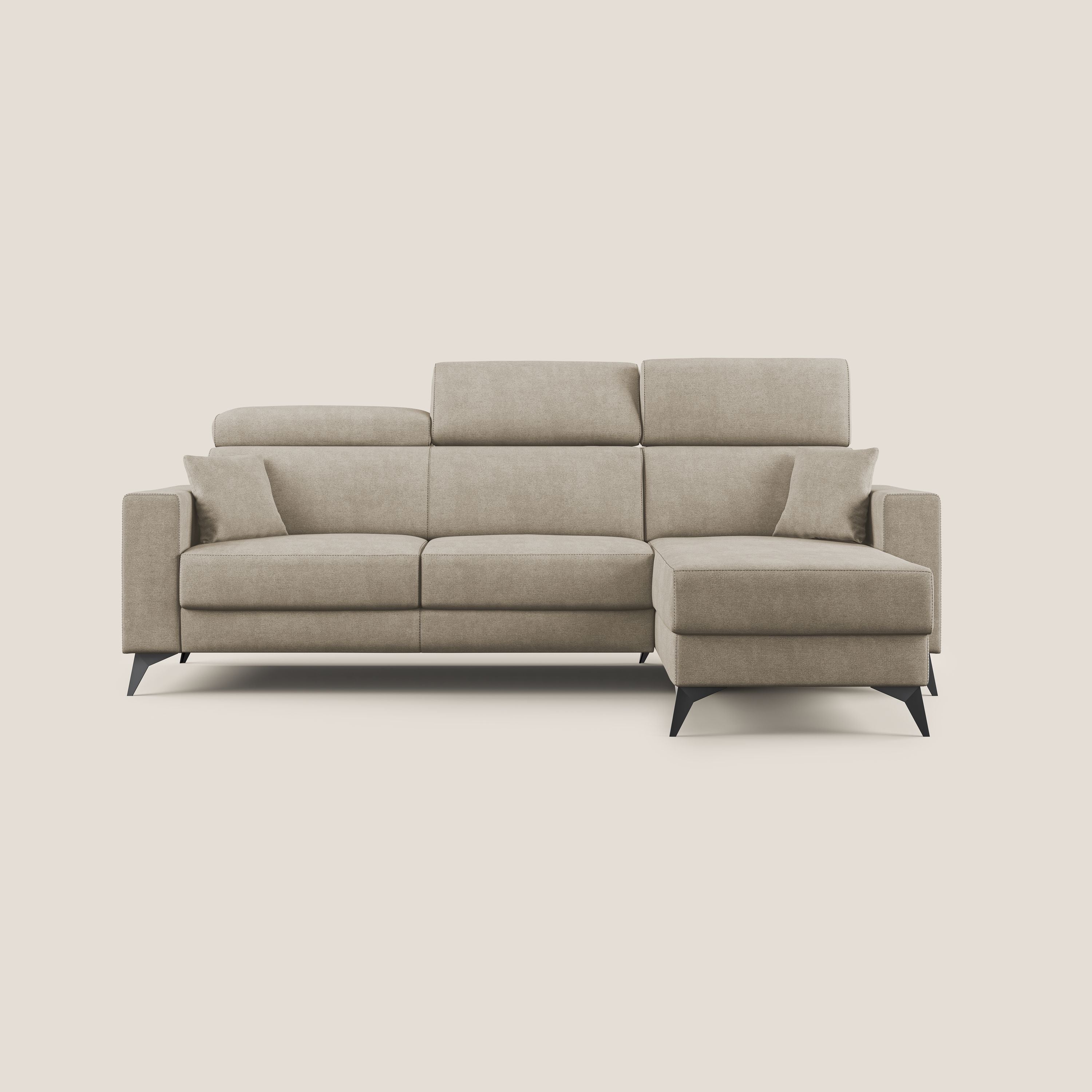 Pegaso divano letto angolare con poggiatesta reclinabili e rivestimento impermeabile T02 beige - divani.store