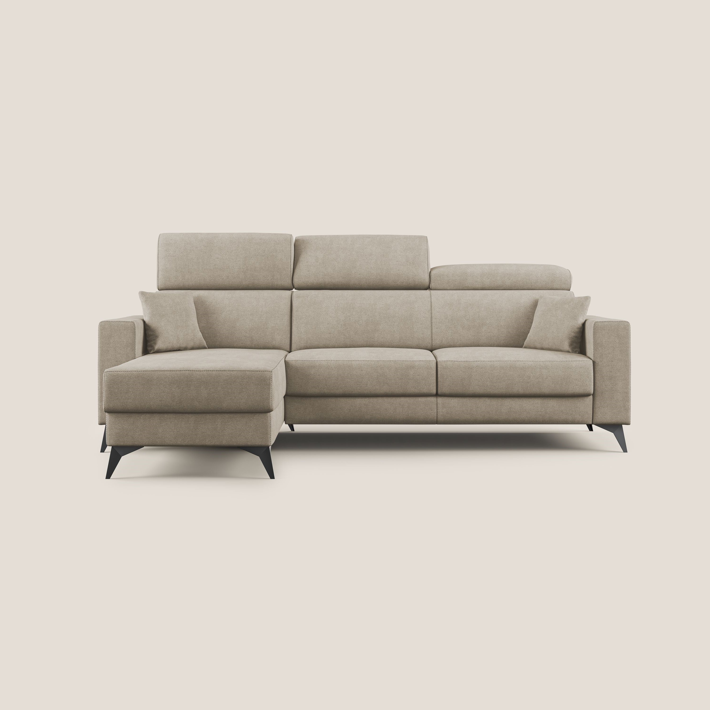 Pegaso divano letto angolare con poggiatesta reclinabili e rivestimento impermeabile T02 beige - divani.store