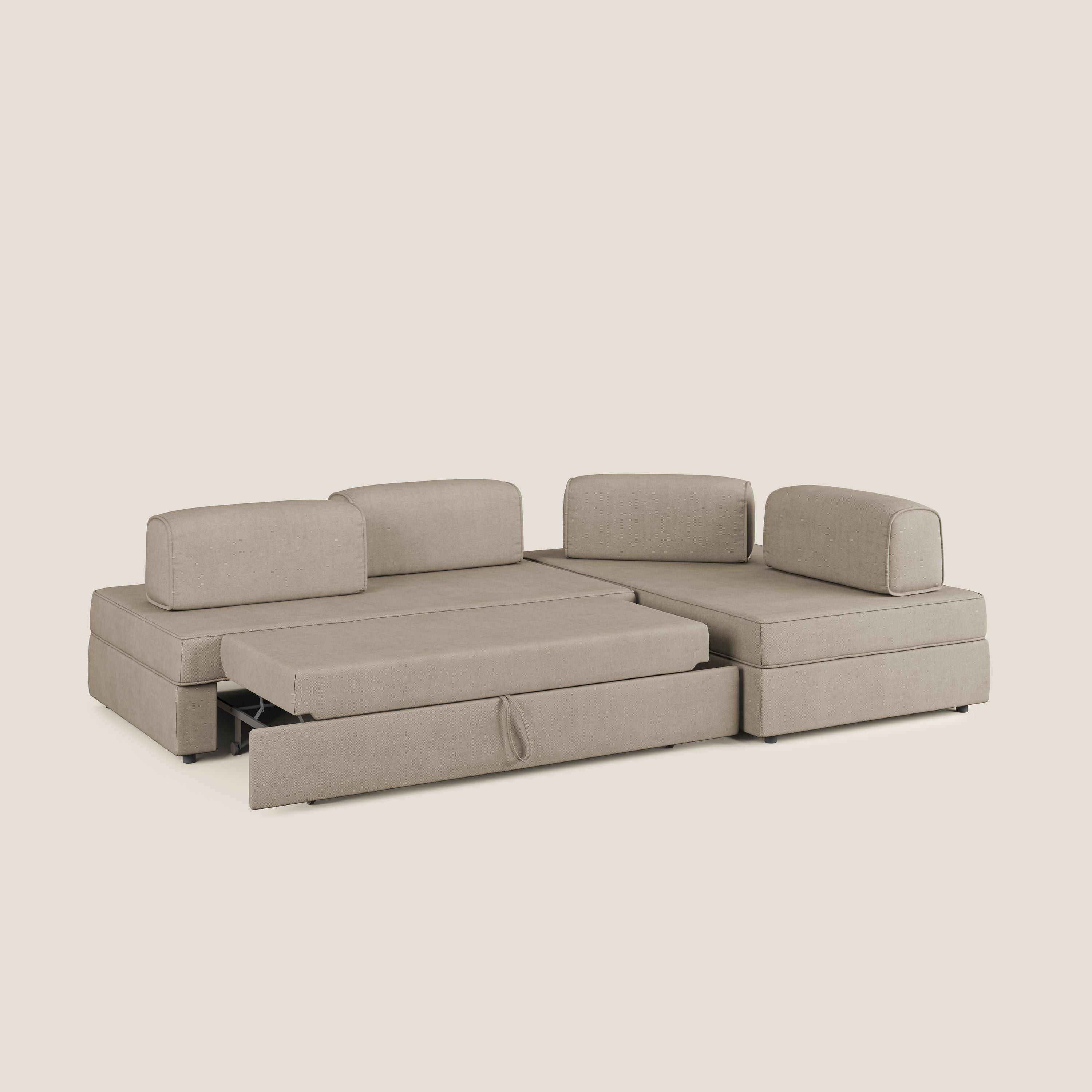 Liberty divano angolare con pouf estraibile e schienali movibili in tessuto morbido impermeabile T02 beige - divani.store