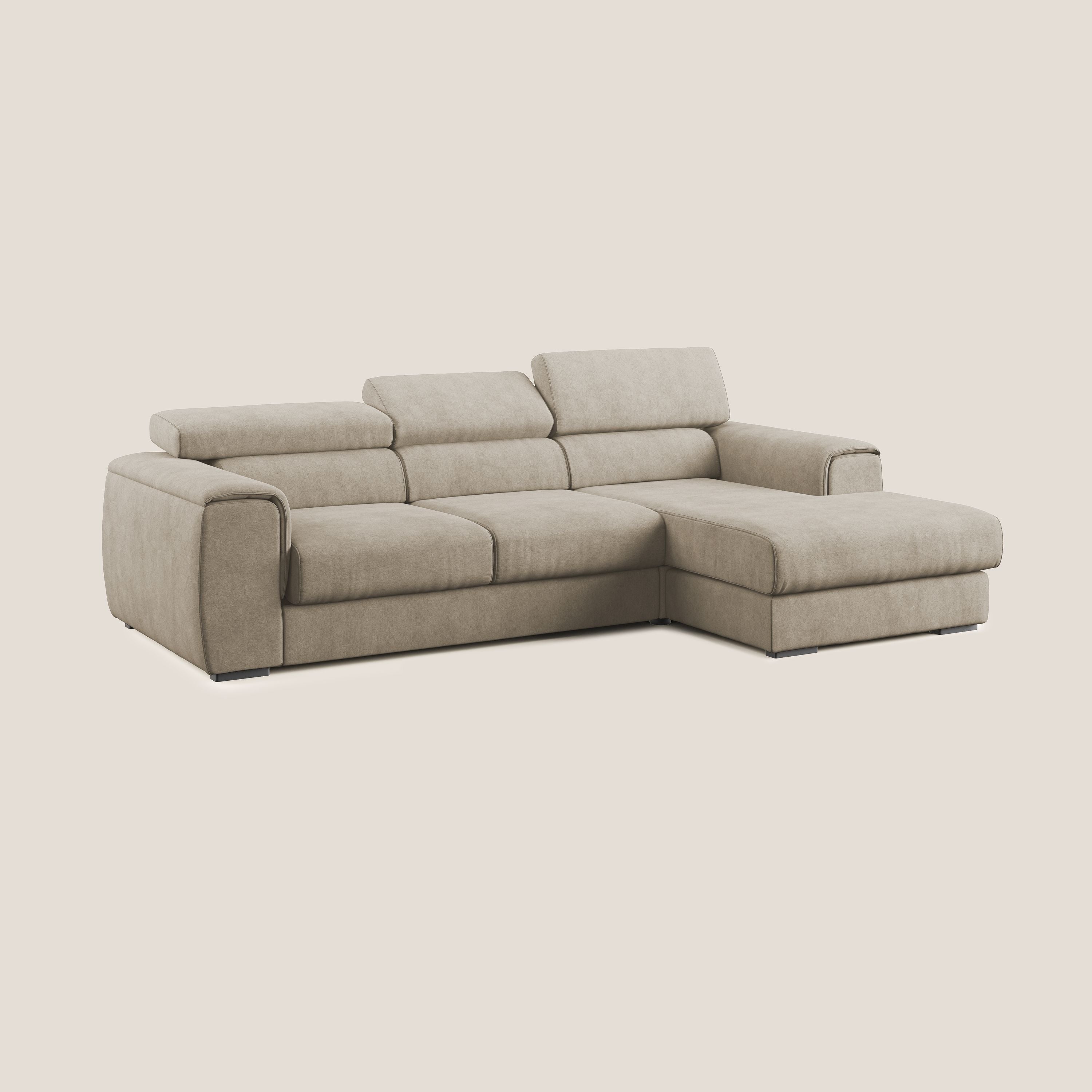Zeno Divano angolare con pouf estraibile poggiapiedi in tessuto morbido impermeabile T02 beige - divani.store