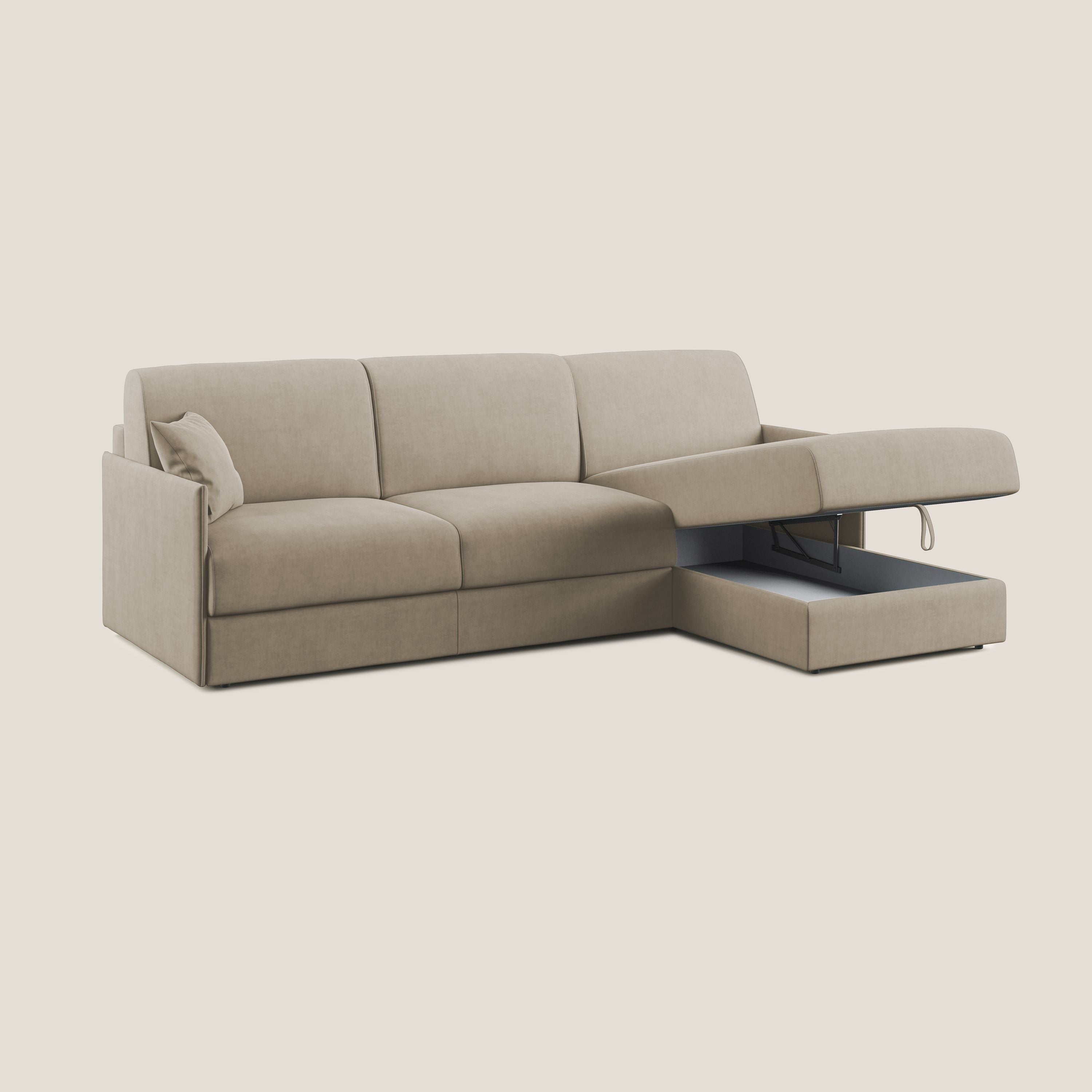 Evans Divano letto angolare con penisola in morbido tessuto impermeabile T02 beige - divani.store