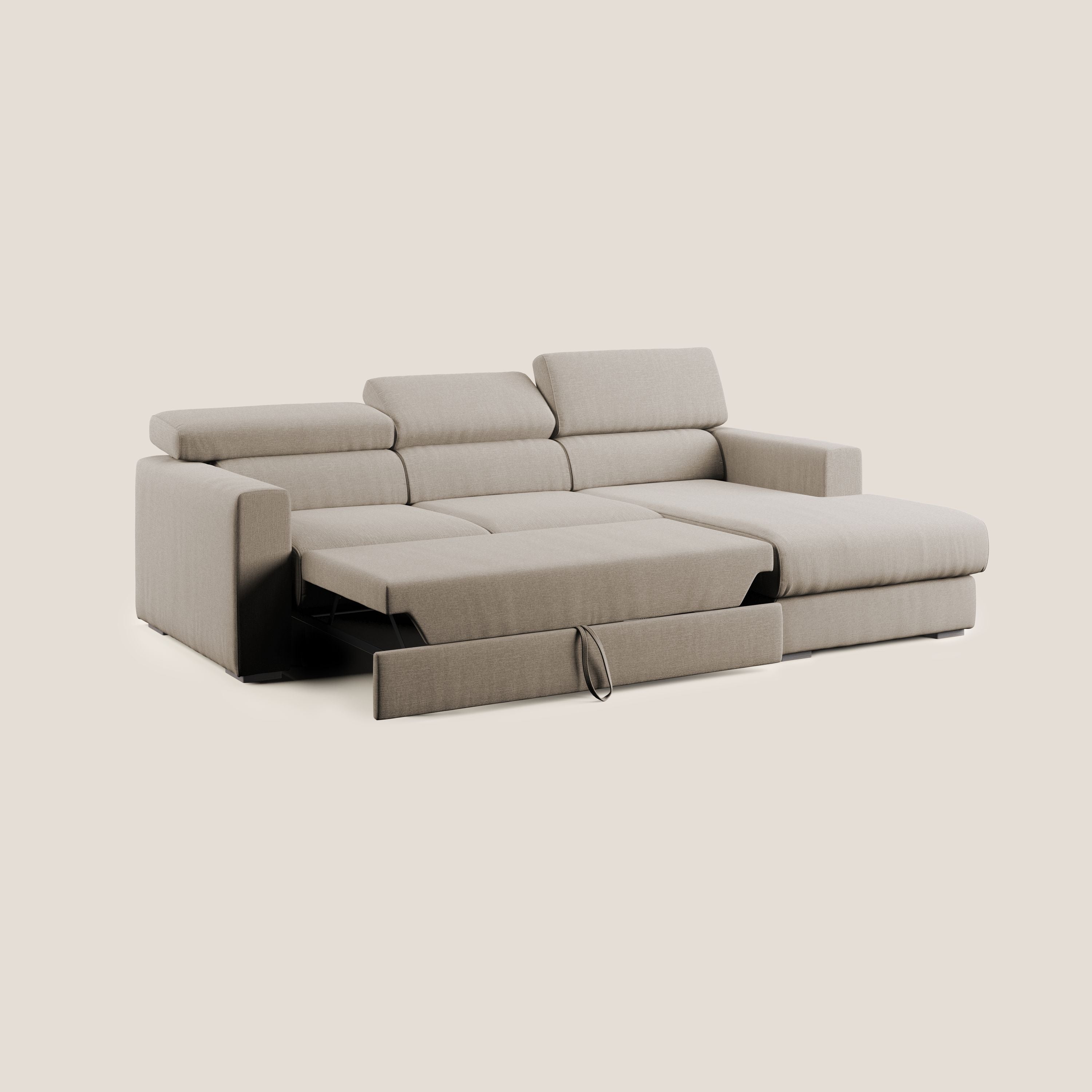 Dylan divano angolare con pouf estraibile poggiapiedi in tessuto simil cotone impermeabile T13 beige - divani.store