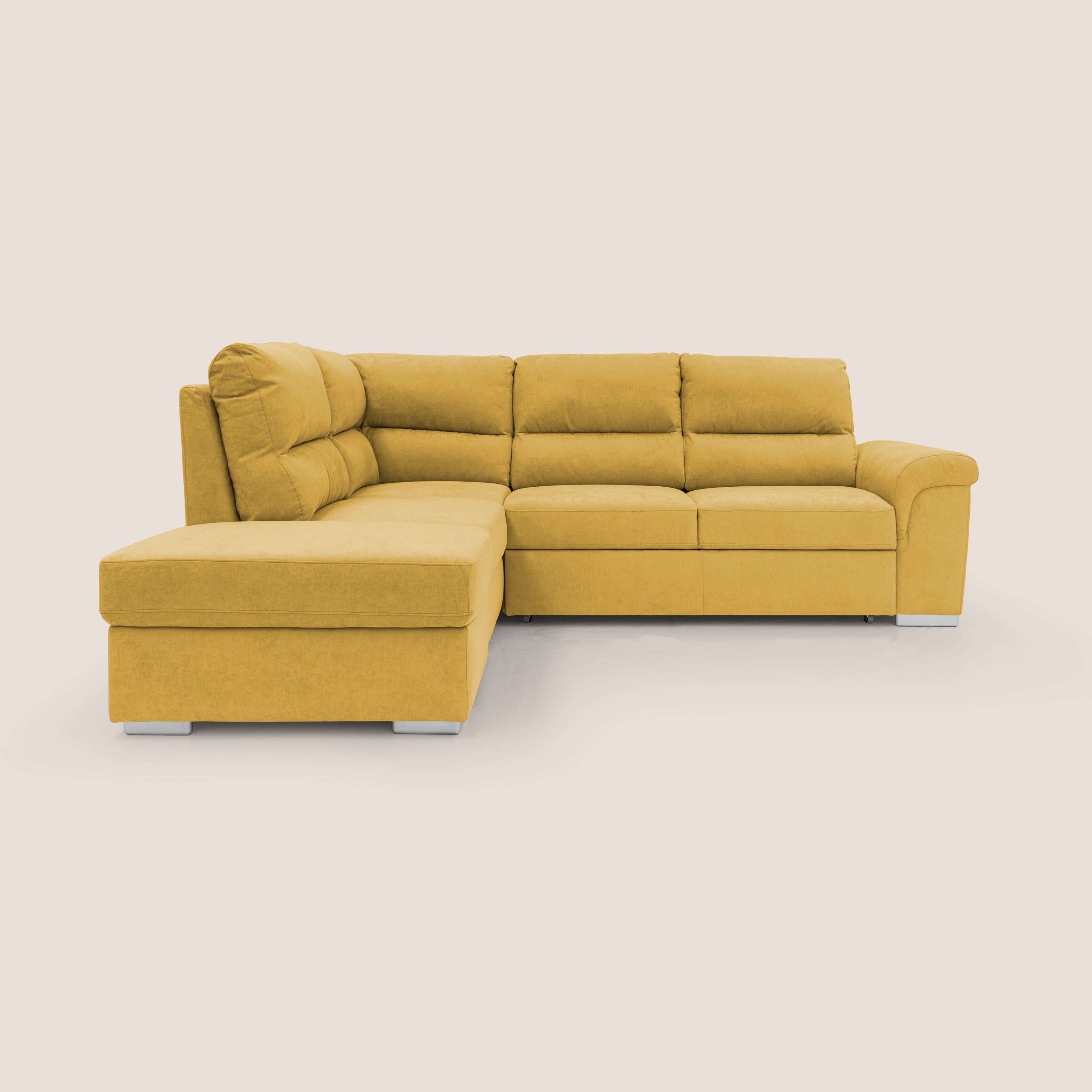 Minerva divano angolare con estraibile a cassettone e pouf contenitore in tessuto morbido impermeabile T02 giallo - divani.store