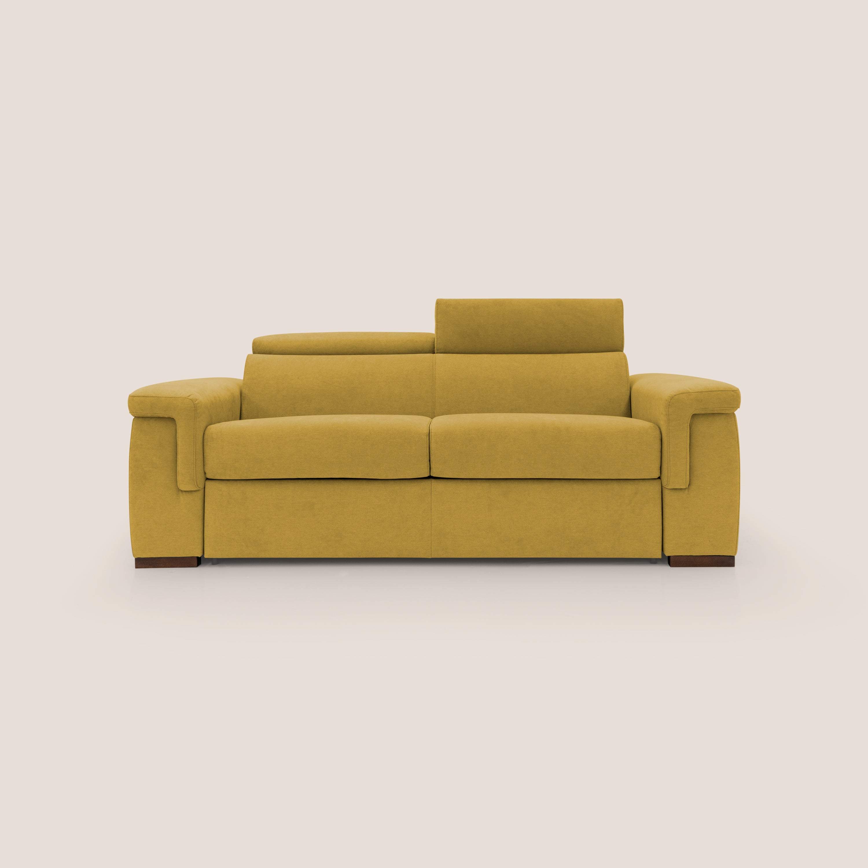 Giunone divano letto con materasso alto 18 cm e poggiatesta reclinabili in tessuto impermeabile T02 giallo - divani.store