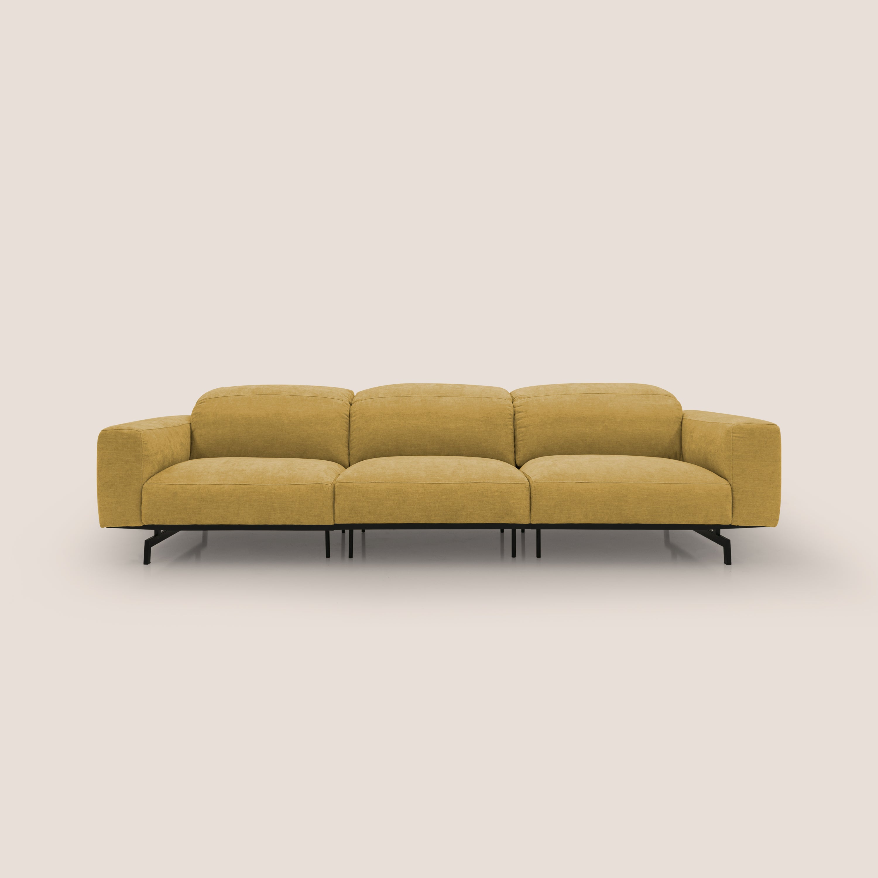 Sakura divano in piuma d'oca modulare a 3 sedute in morbido tessuto fiammato impermeabile T14 giallo - divani.store