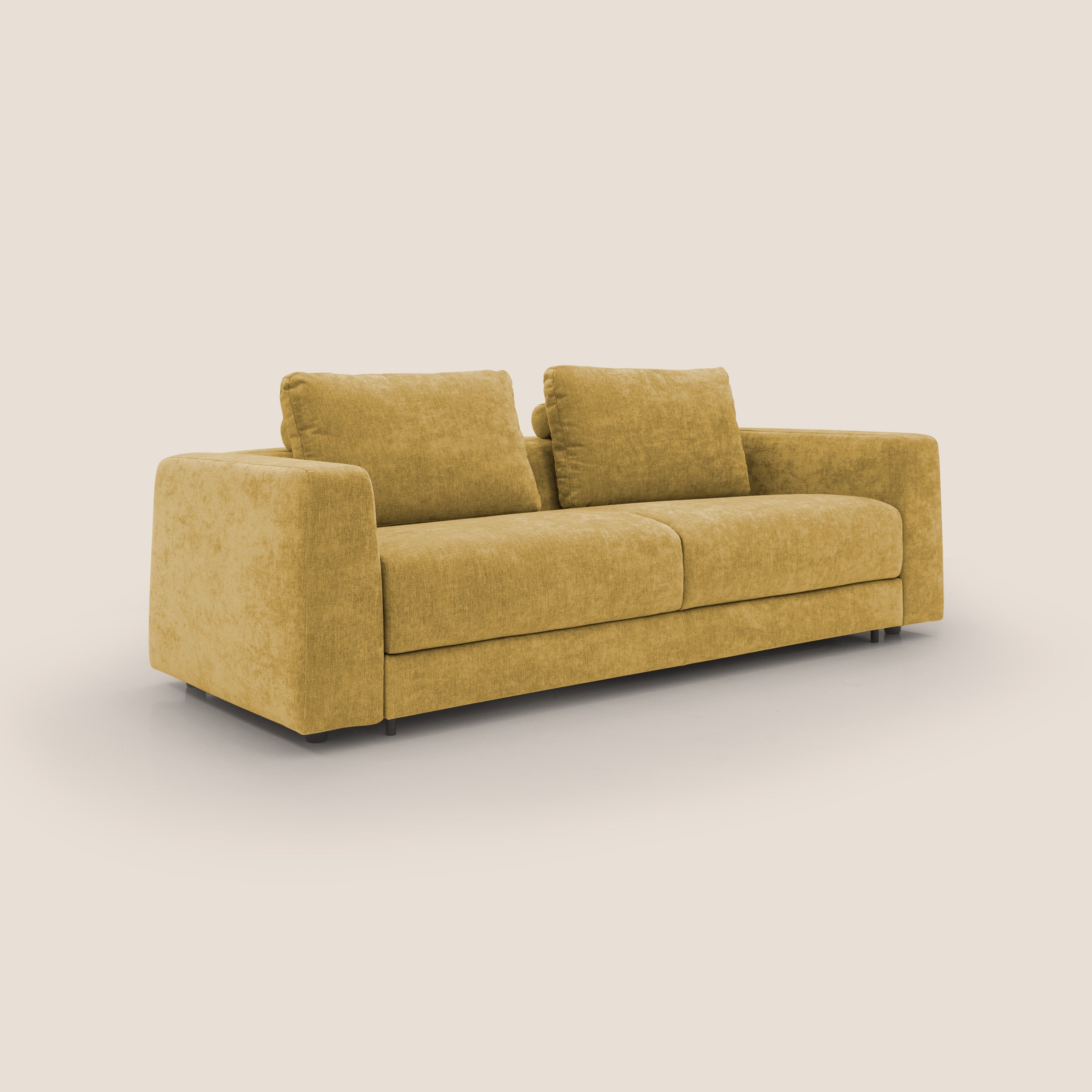Freia Divano letto minimal materasso h15 cm con morbidi schienali in tessuto impermeabile T14 giallo - divani.store