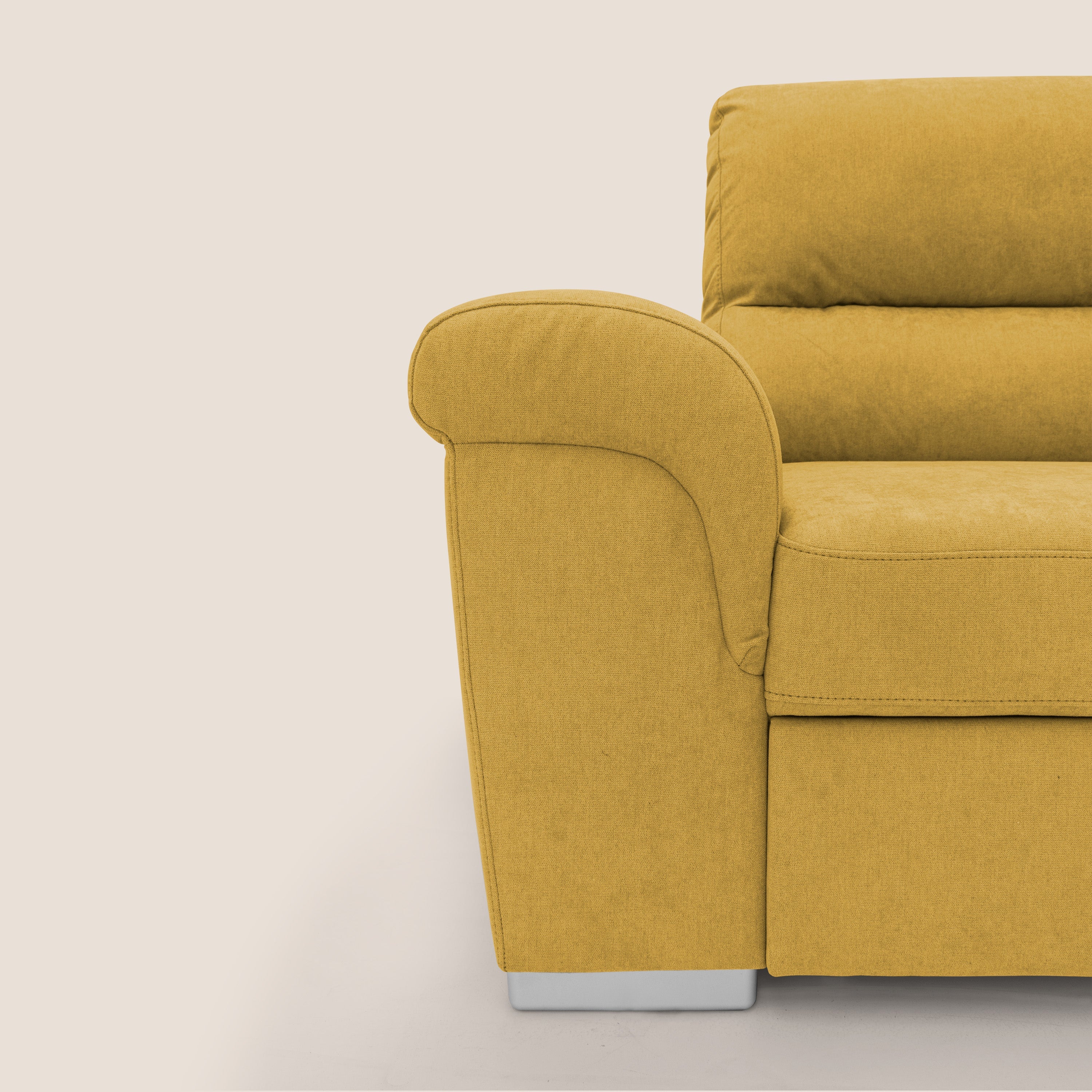 Minerva divano angolare con estraibile a cassettone e pouf contenitore in tessuto morbido impermeabile T02 giallo - divani.store