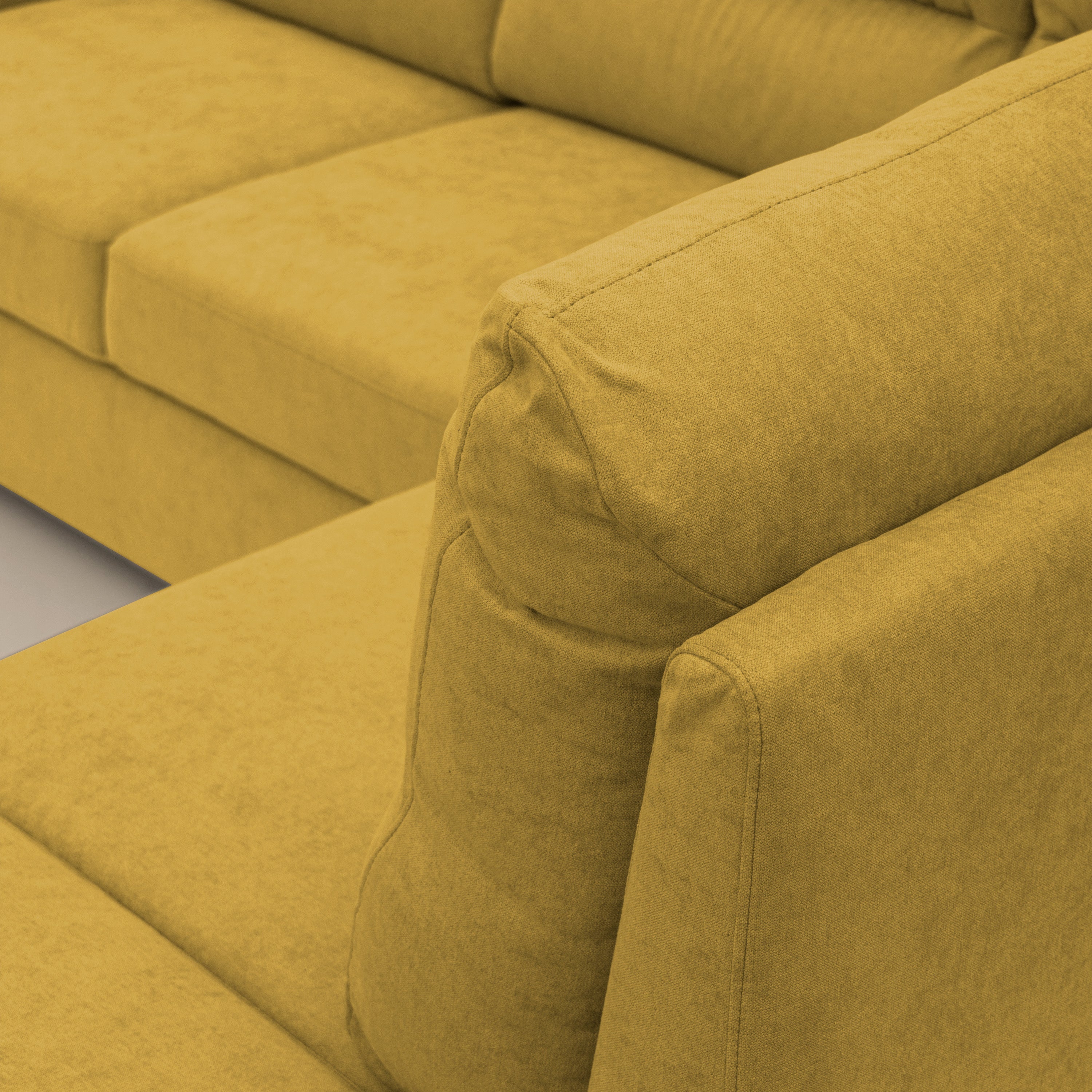 Minerva divano angolare con estraibile a cassettone e pouf contenitore in tessuto morbido impermeabile T02 giallo - divani.store