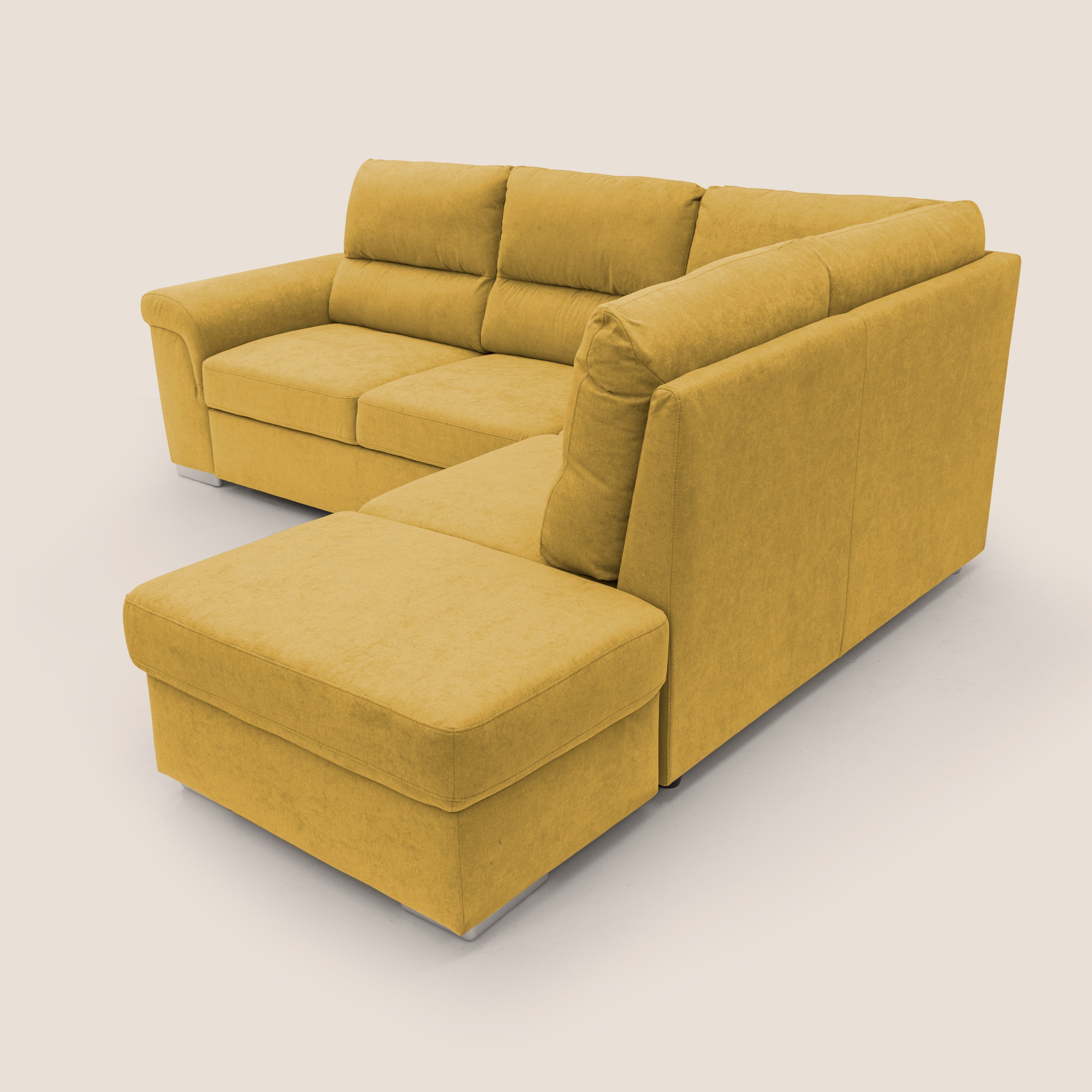 Minerva divano angolare con estraibile a cassettone e pouf contenitore in tessuto morbido impermeabile T02 giallo - divani.store