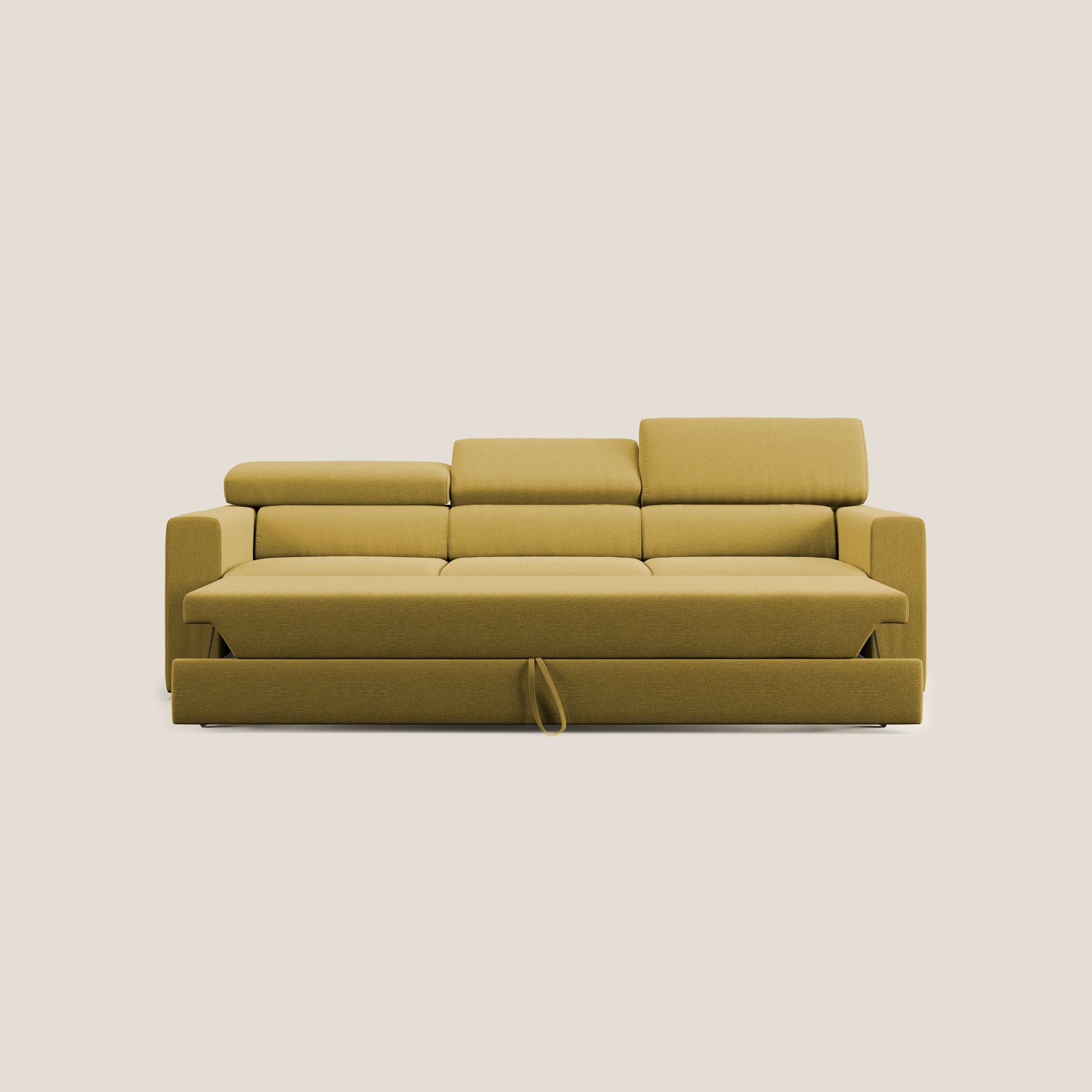 Dylan divano a 3 sedute con pouf estraibile poggiapiedi in tessuto simil cotone impermeabile T13 giallo - divani.store