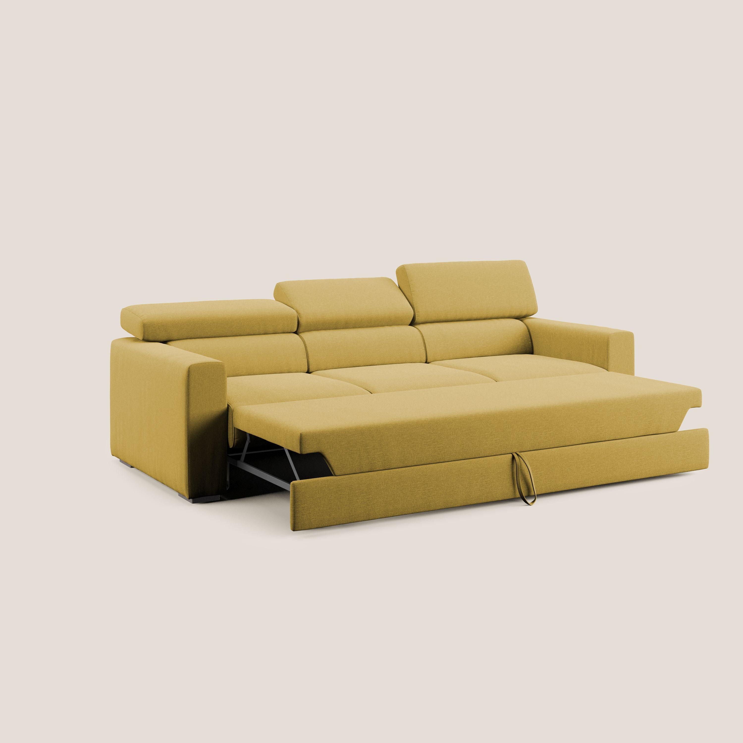 Dylan divano a 3 sedute con pouf estraibile poggiapiedi in tessuto simil cotone impermeabile T13 giallo - divani.store