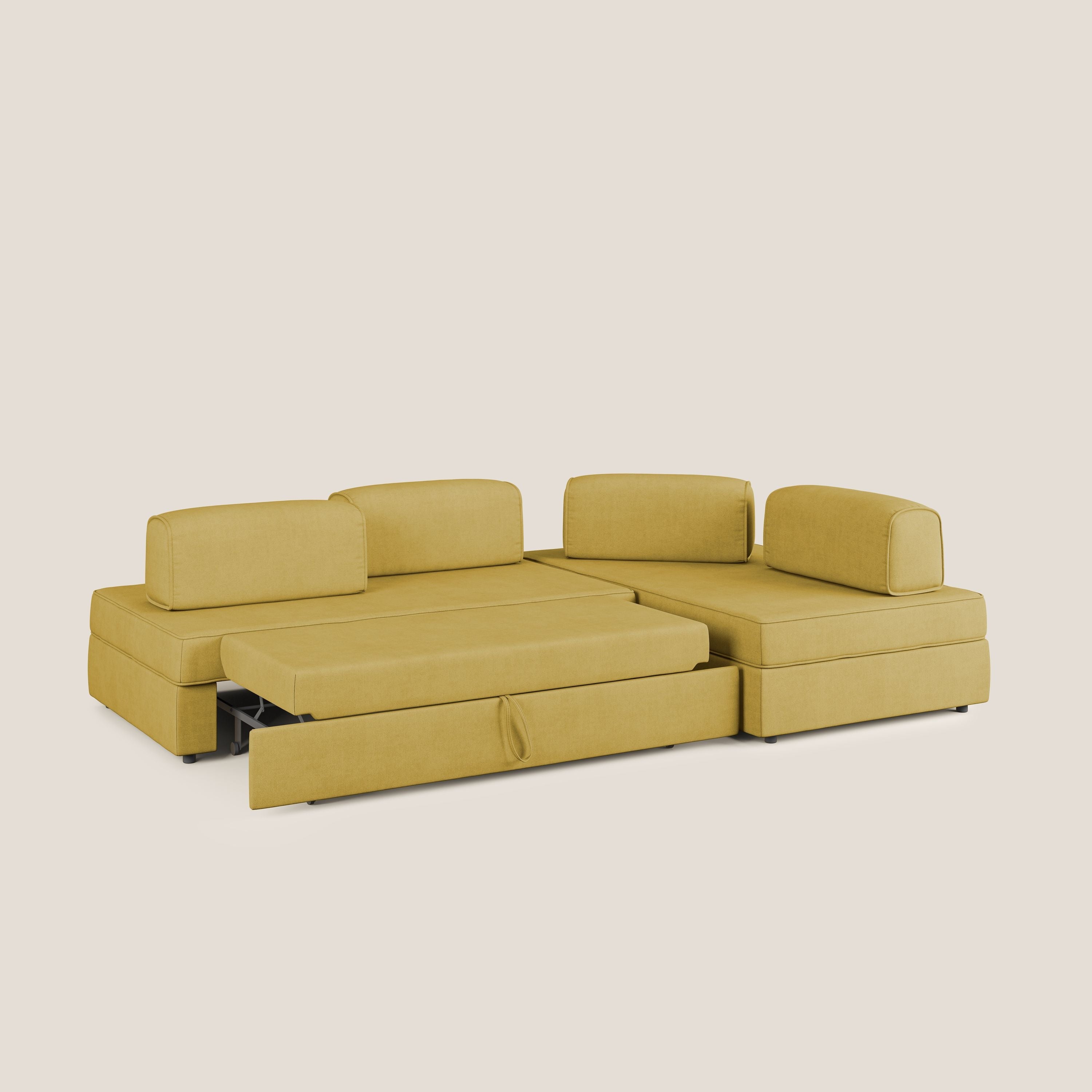 Liberty divano angolare con pouf estraibile e schienali movibili in tessuto morbido impermeabile T02 giallo - divani.store