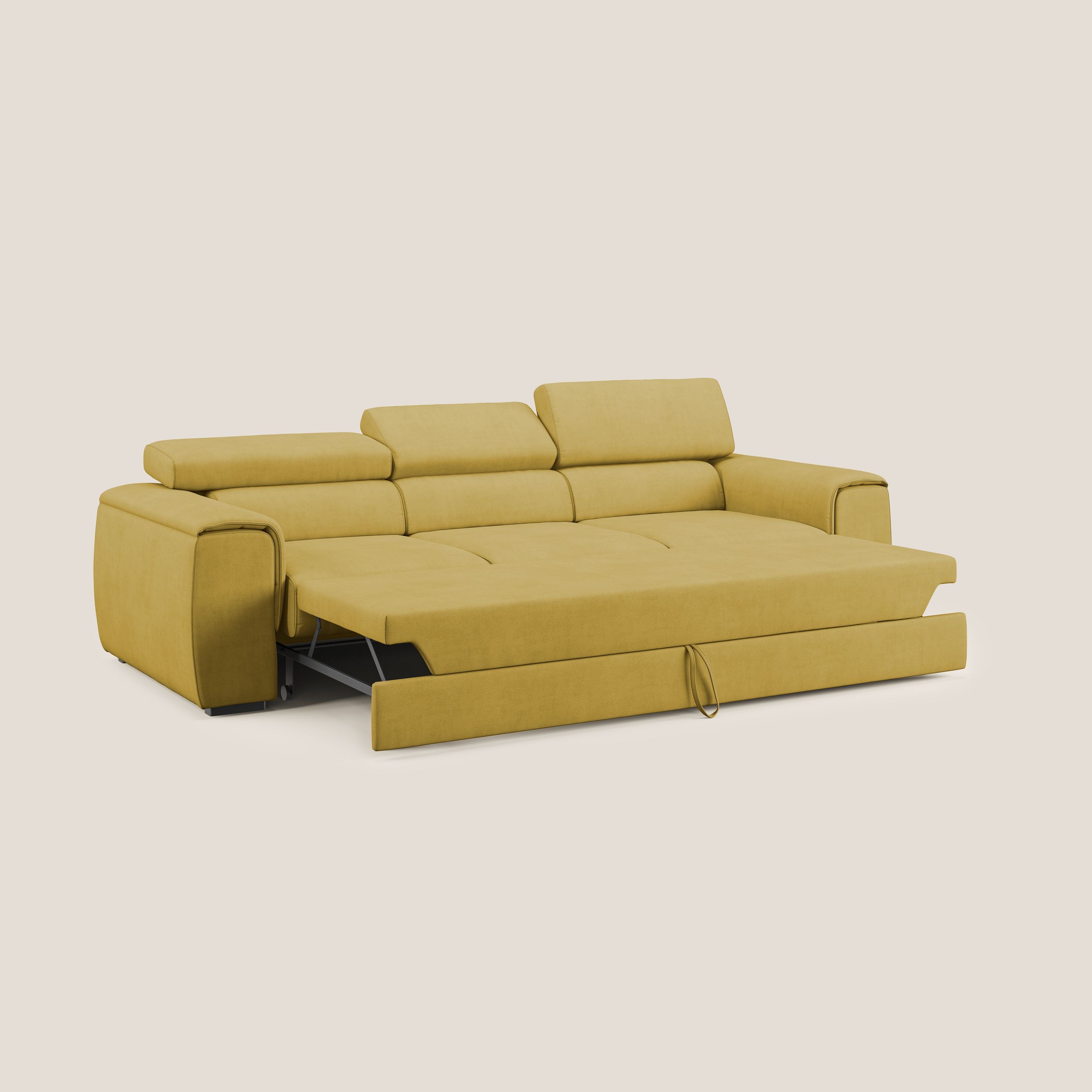 Zeno Divano con pouf estraibile poggiapiedi a 3 sedute in tessuto morbido impermeabile T02 giallo - divani.store