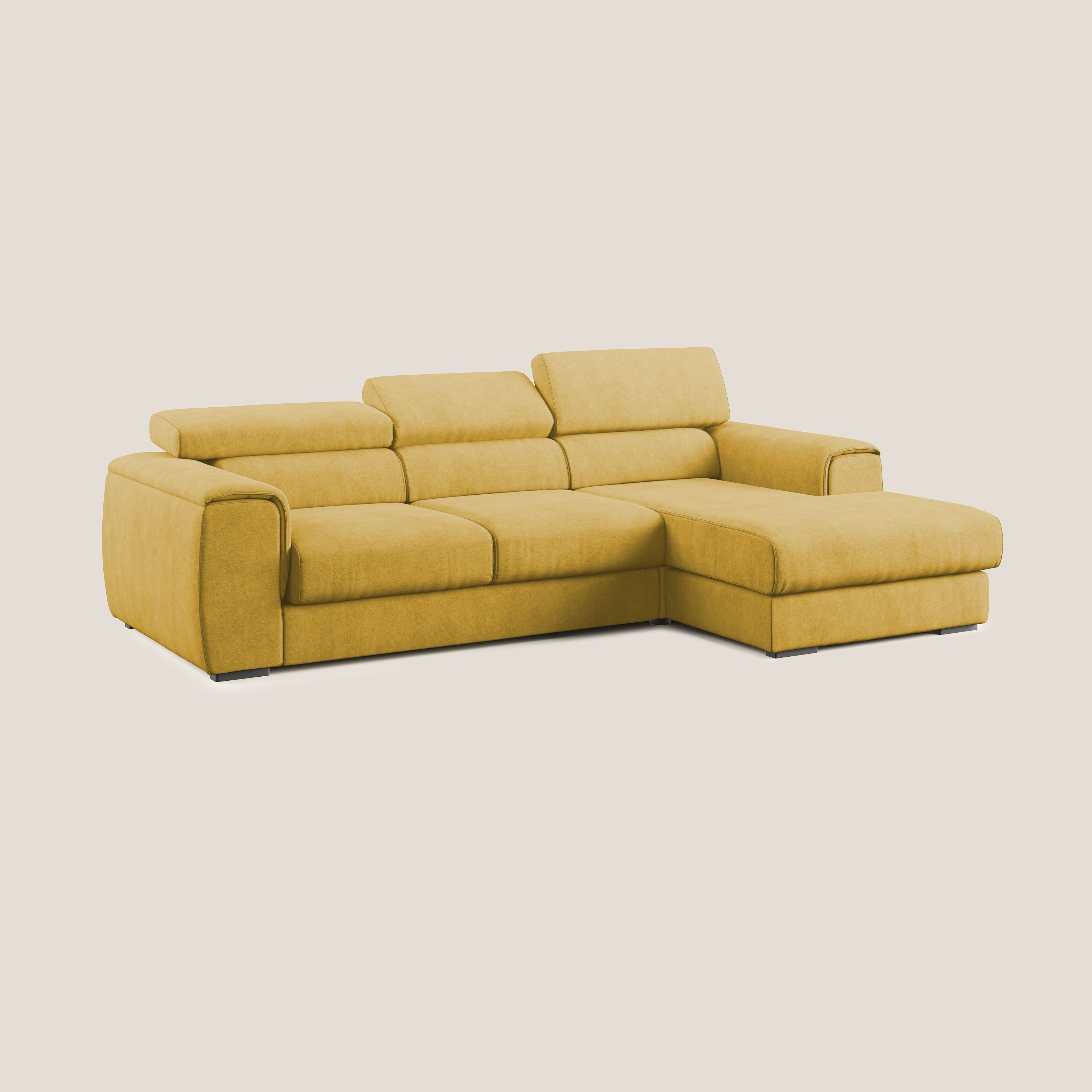 Zeno Divano angolare con pouf estraibile poggiapiedi in tessuto morbido impermeabile T02 giallo - divani.store