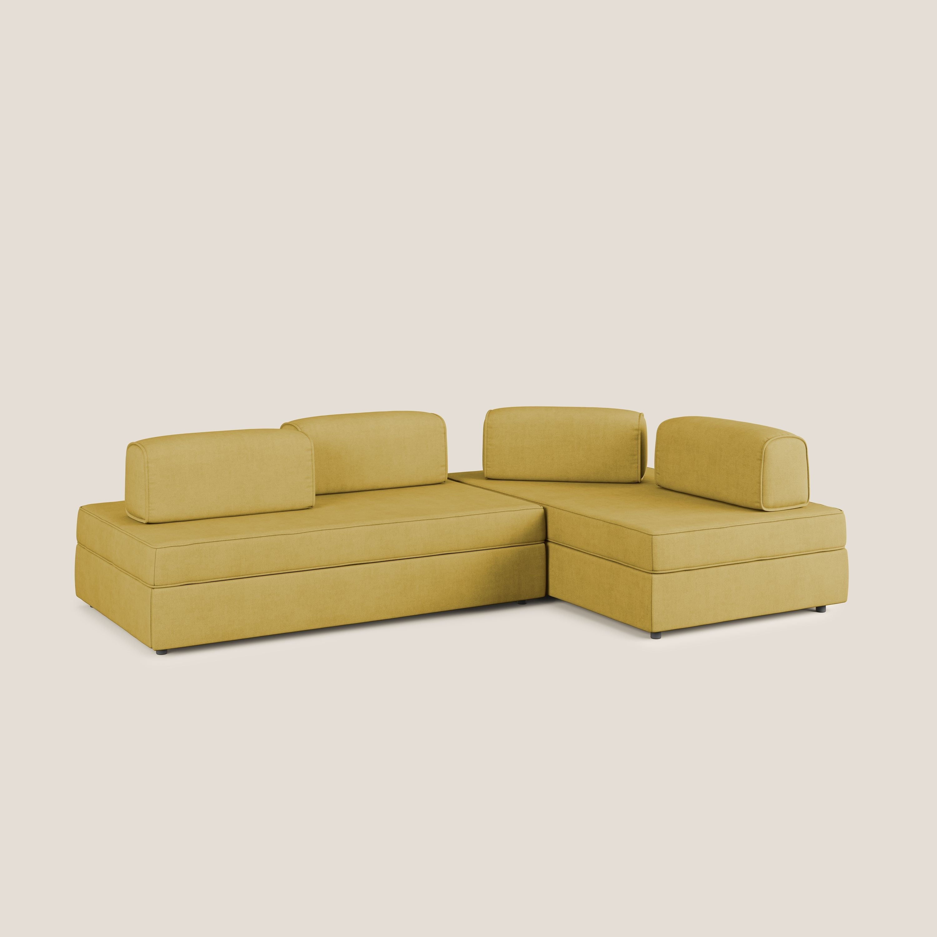 Liberty divano angolare con pouf estraibile e schienali movibili in tessuto morbido impermeabile T02 giallo - divani.store