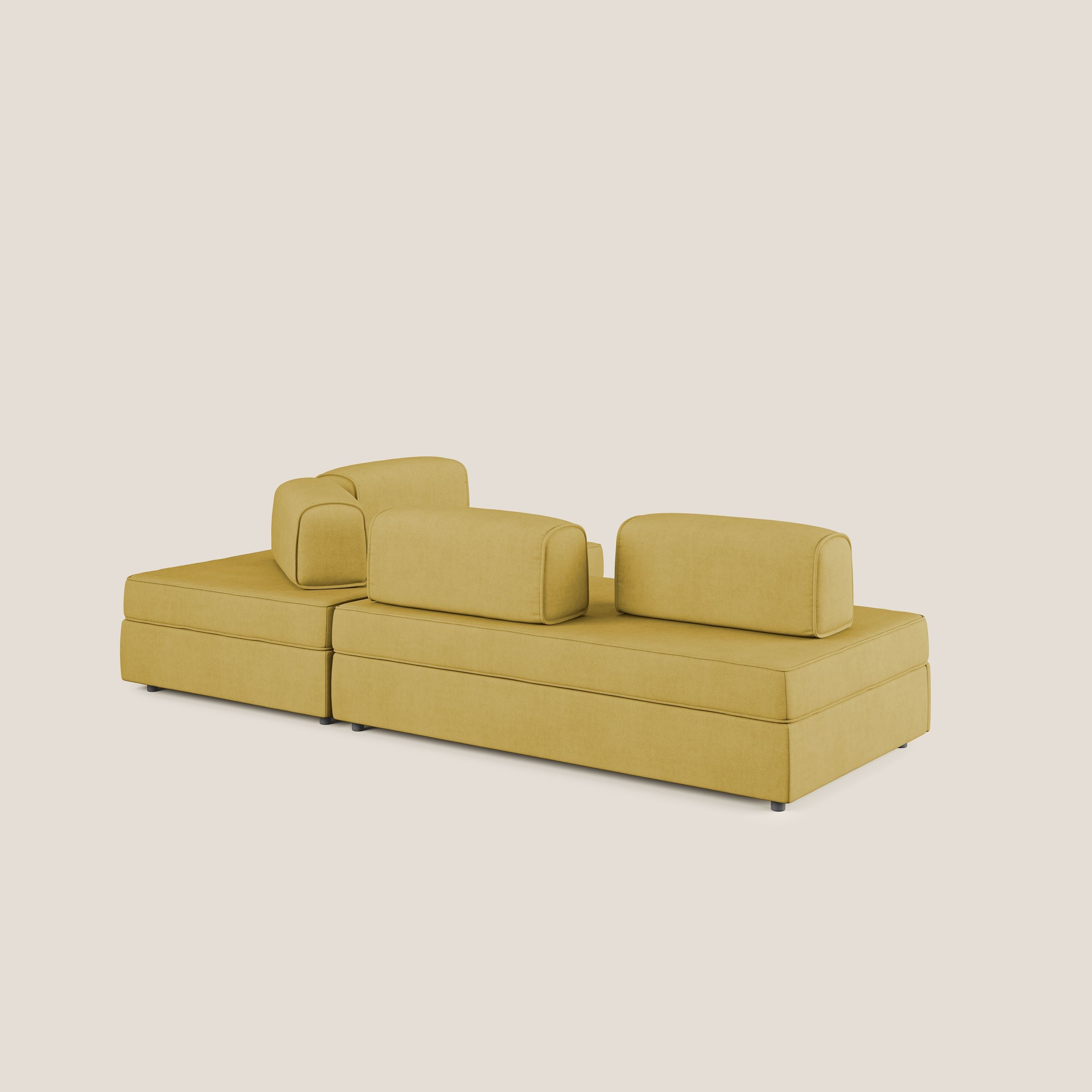 Liberty divano angolare con pouf estraibile e schienali movibili in tessuto morbido impermeabile T02 giallo - divani.store