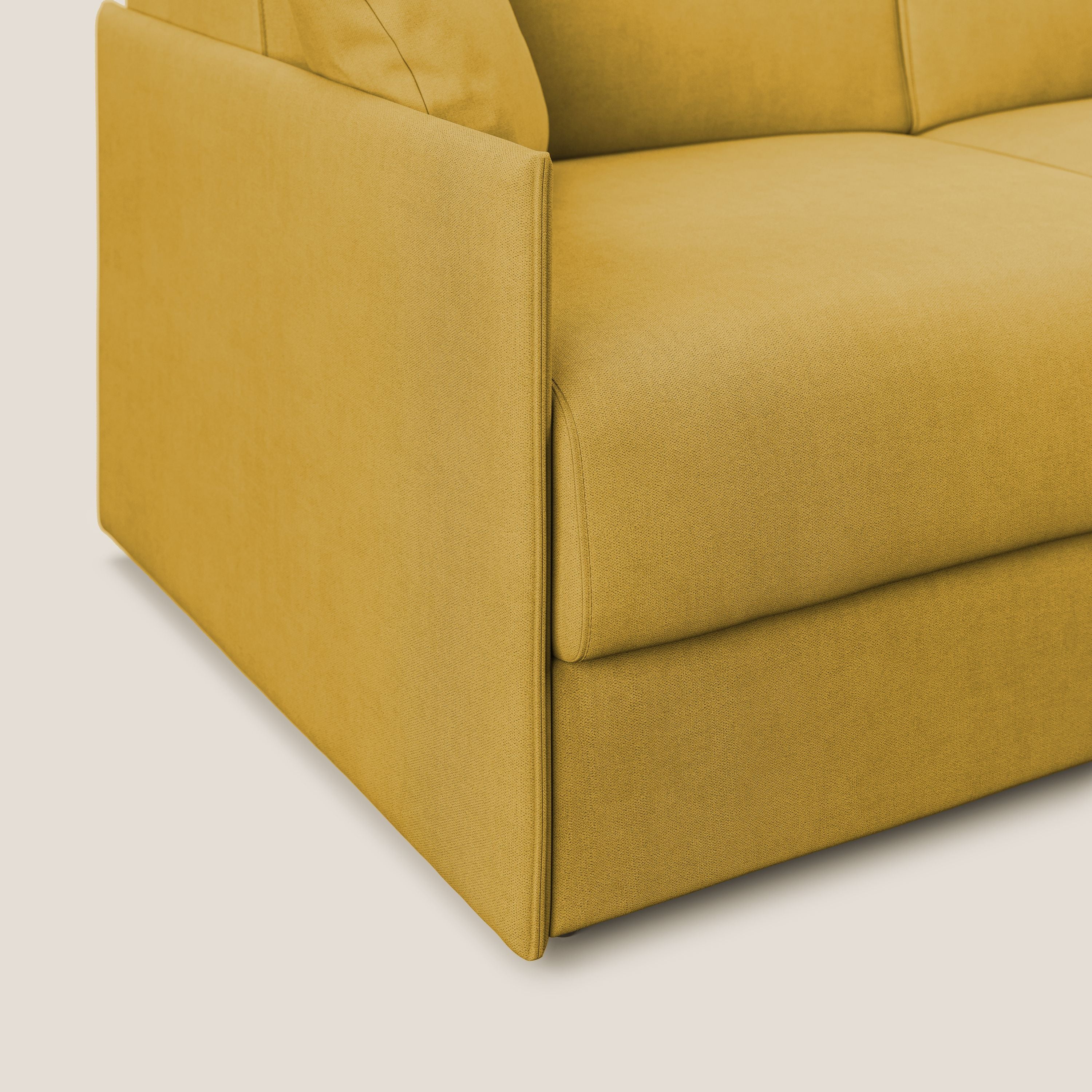 Evans Divano letto angolare con penisola in morbido tessuto impermeabile T02 giallo - divani.store