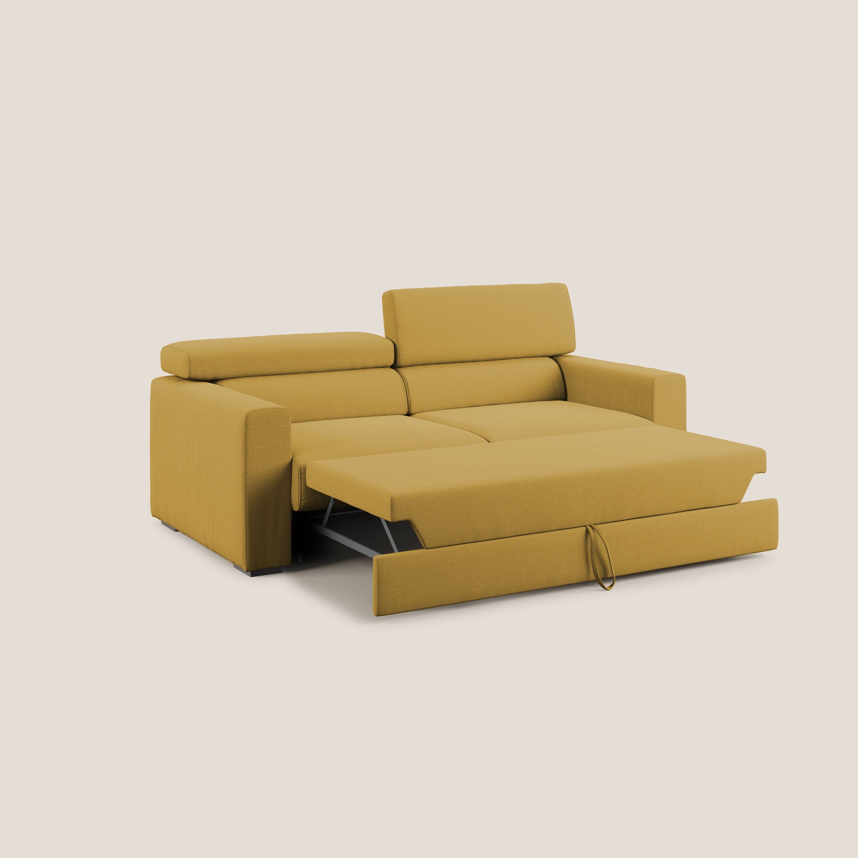 Dylan divano allungabile con pouf estraibile poggiapiedi in tessuto fiammato simil cotone impermeabile T19 giallo - divani.store
