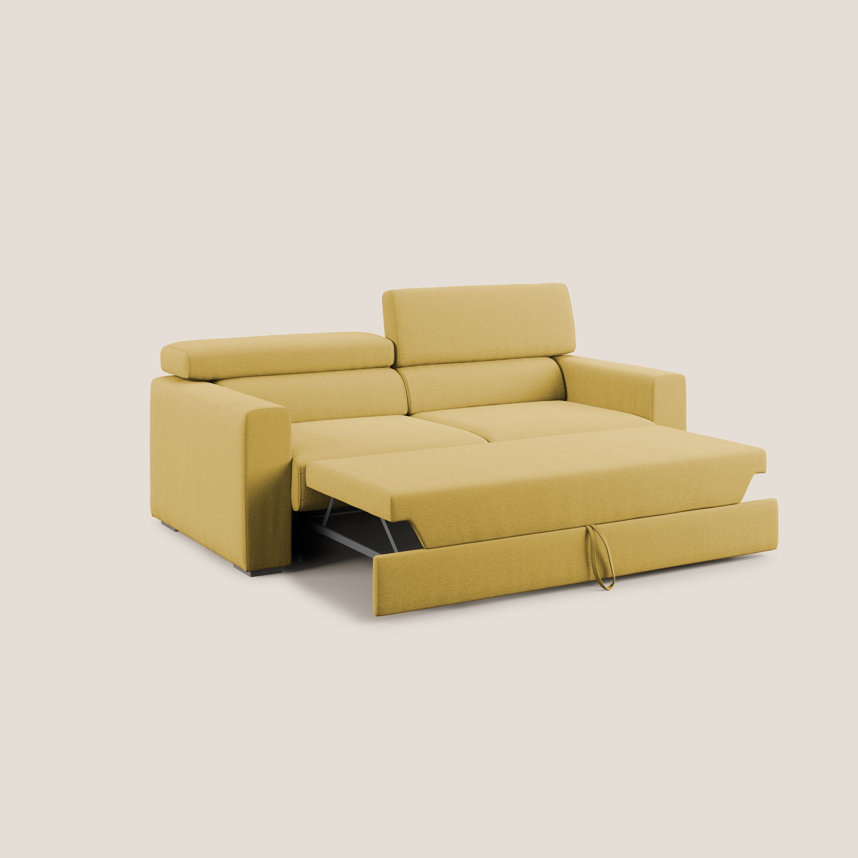 Dylan divano allungabile con pouf estraibile poggiapiedi in tessuto simil cotone impermeabile T13 giallo - divani.store