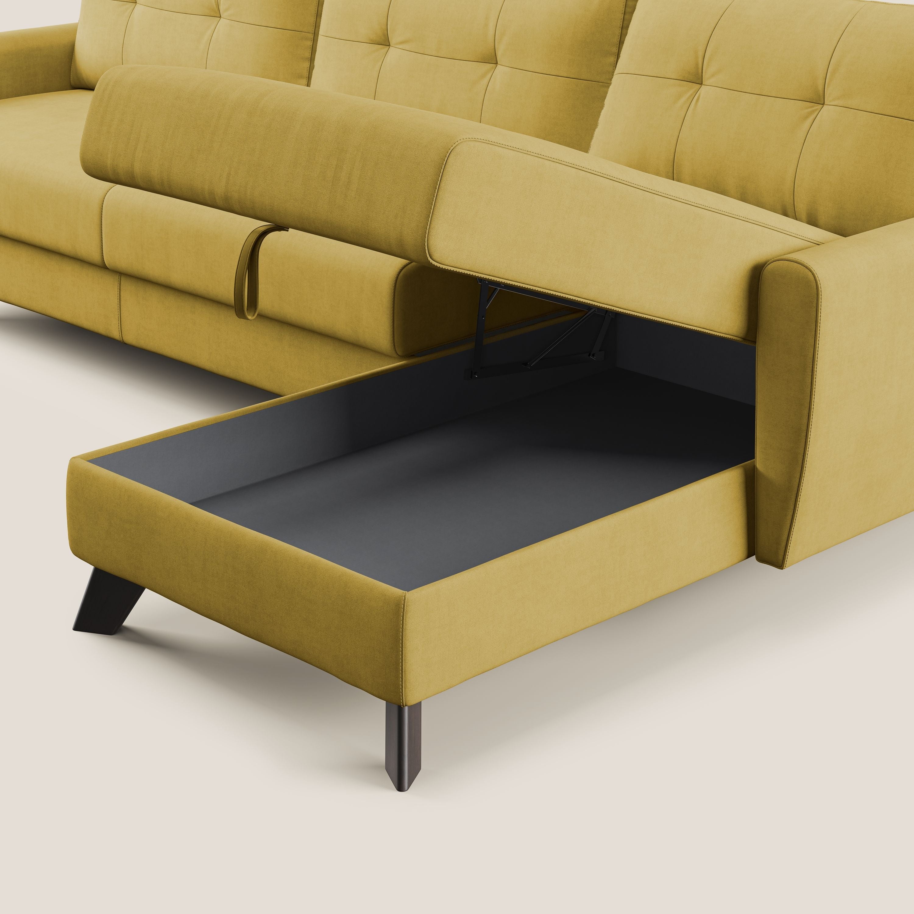 Callisto Divano letto angolare con penisola in tessuto morbido impermeabile T02 giallo - divani.store