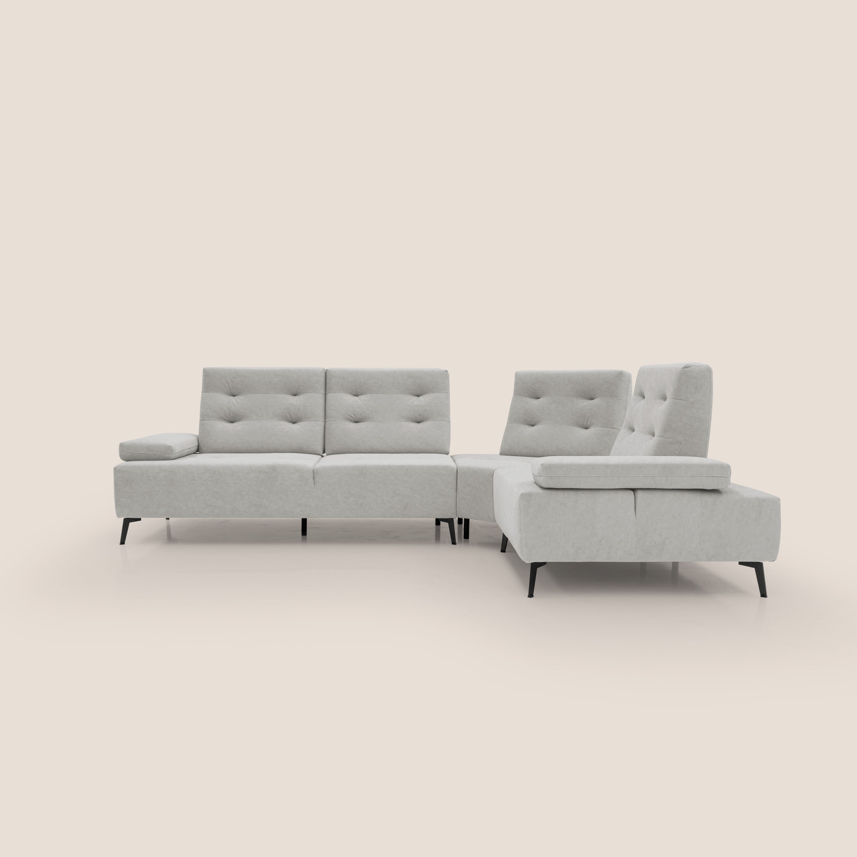 Lugano Divano angolare con schienali traslanti in microfibra effetto velluto T09 grigio chiaro - divani.store