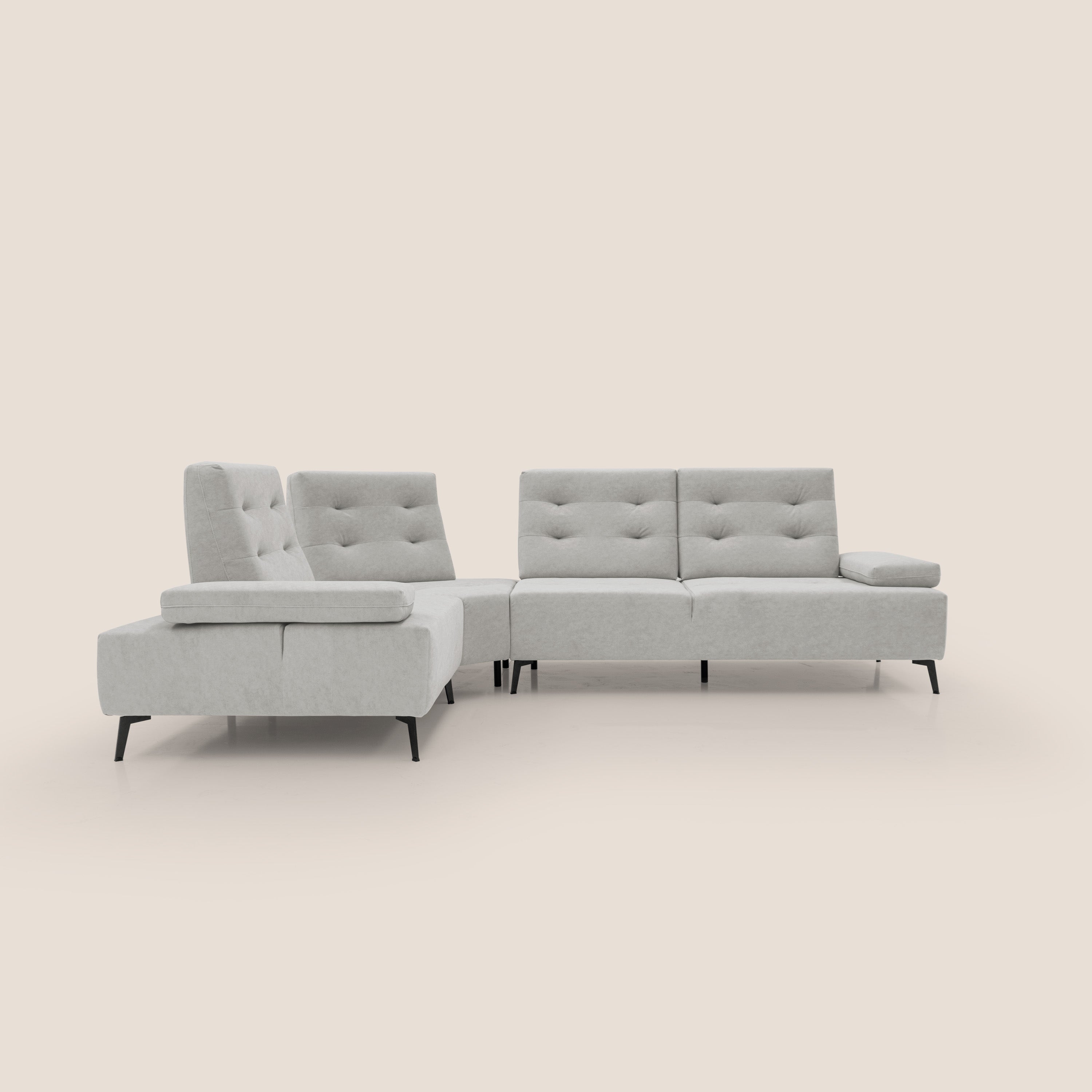 Lugano Divano angolare con schienali traslanti in microfibra effetto velluto T09 grigio chiaro - divani.store