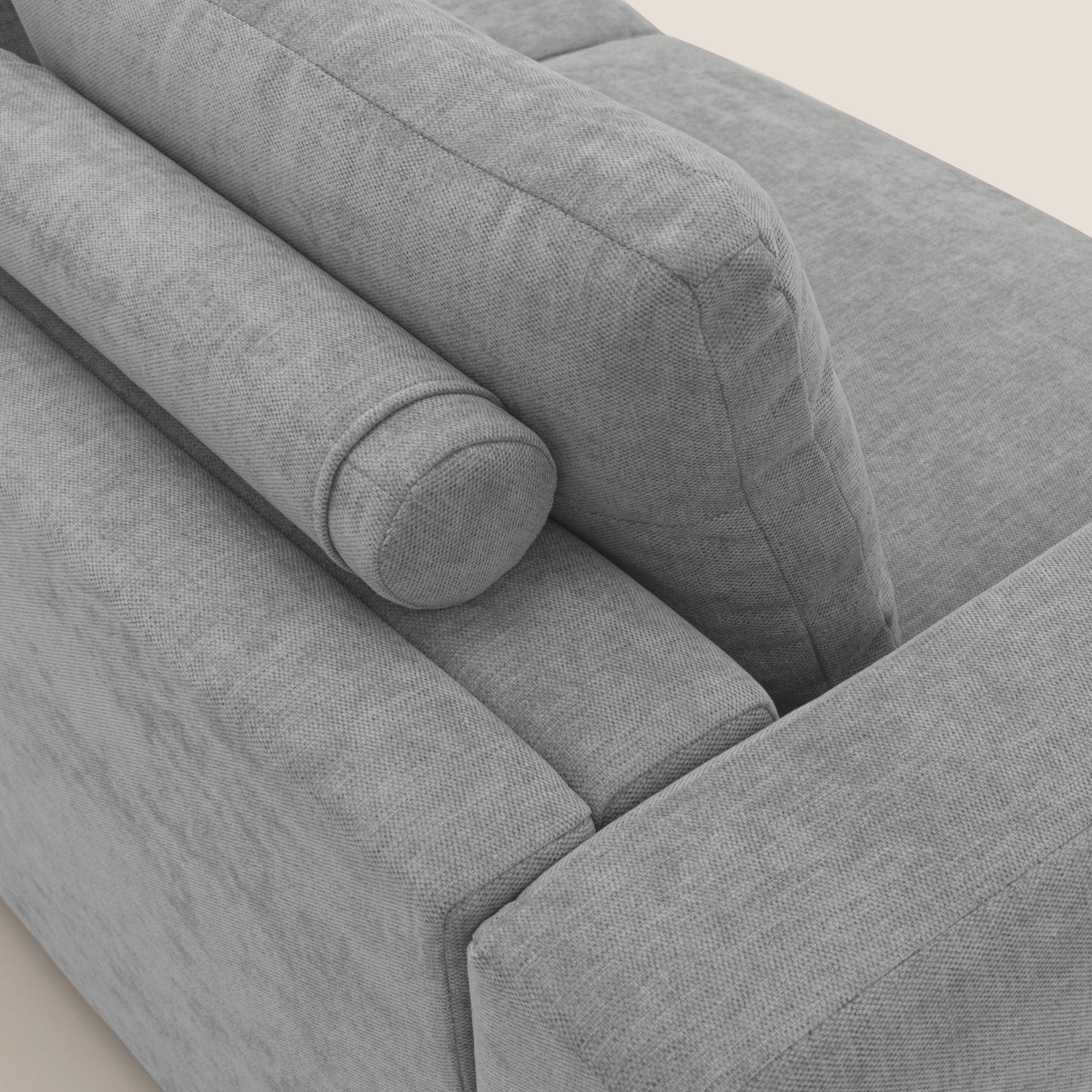 Freia Divano letto minimal materasso h15 cm con morbidi schienali in tessuto impermeabile T14 grigio chiaro - divani.store