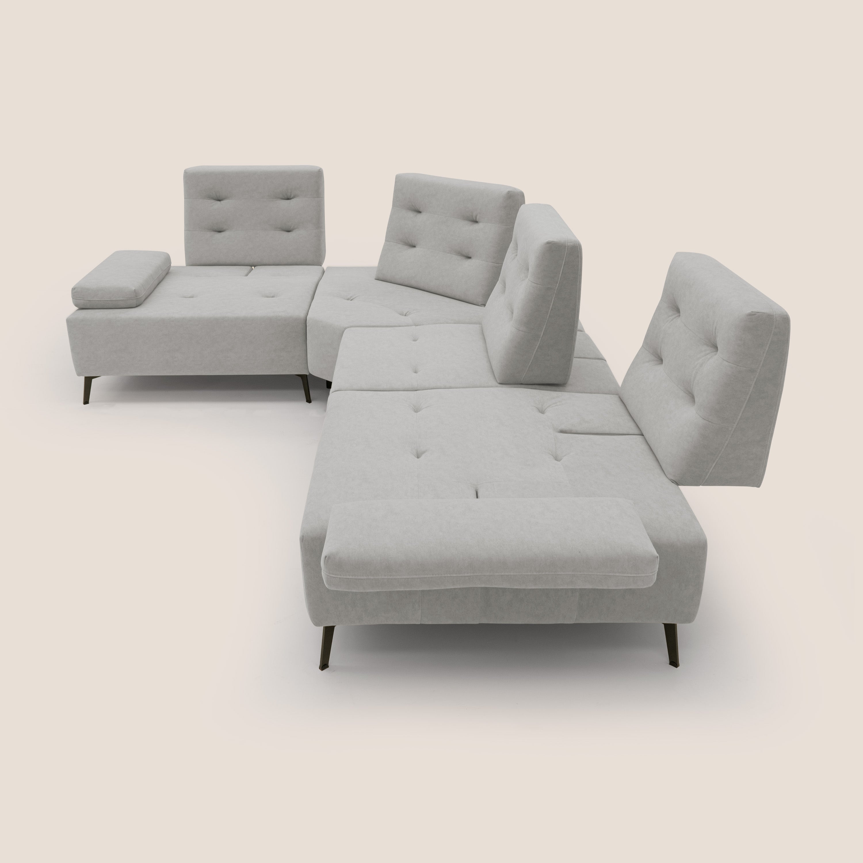 Lugano Divano angolare con schienali traslanti in microfibra effetto velluto T09 grigio chiaro - divani.store