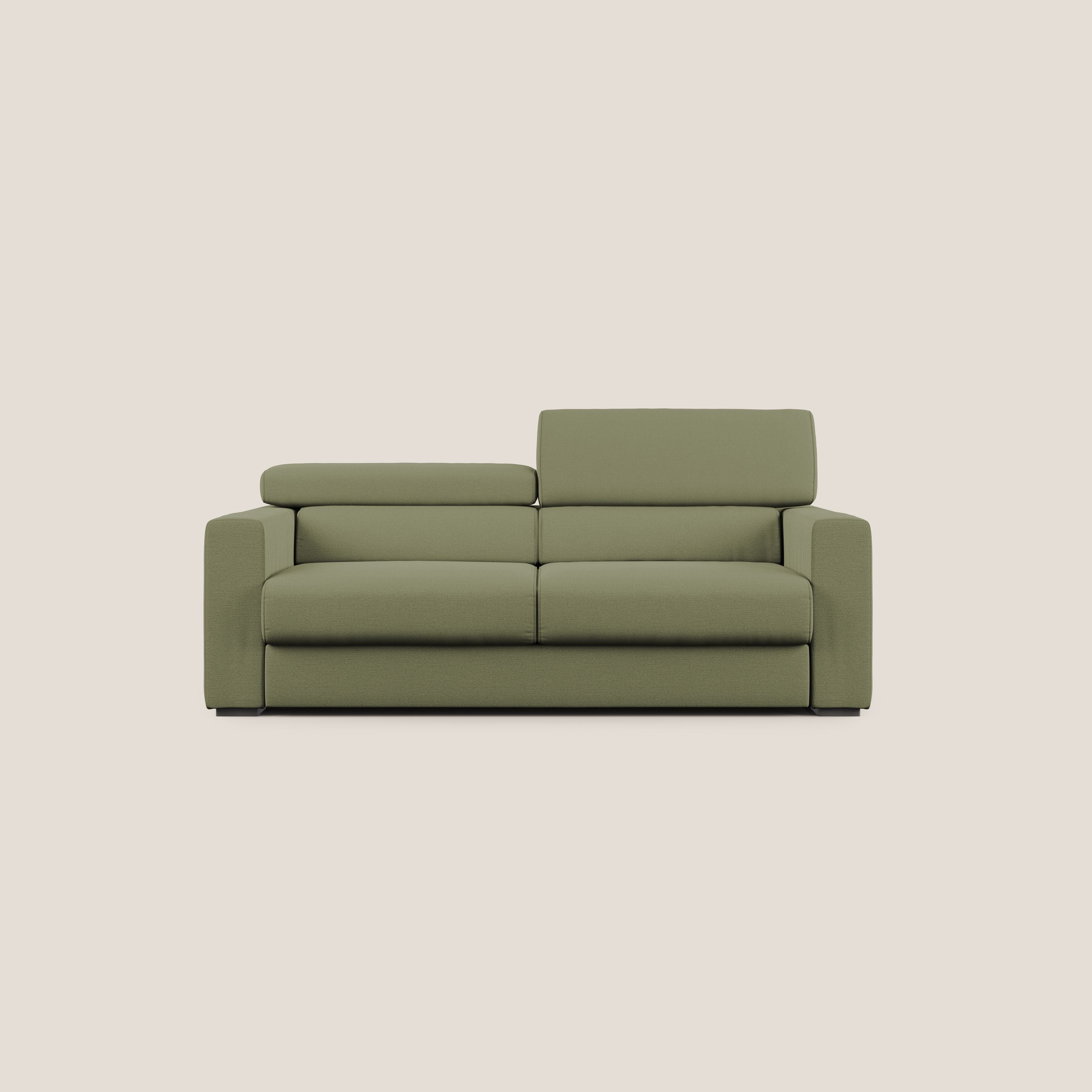Dylan divano allungabile con pouf estraibile poggiapiedi in tessuto fiammato simil cotone impermeabile T19 verde - divani.store