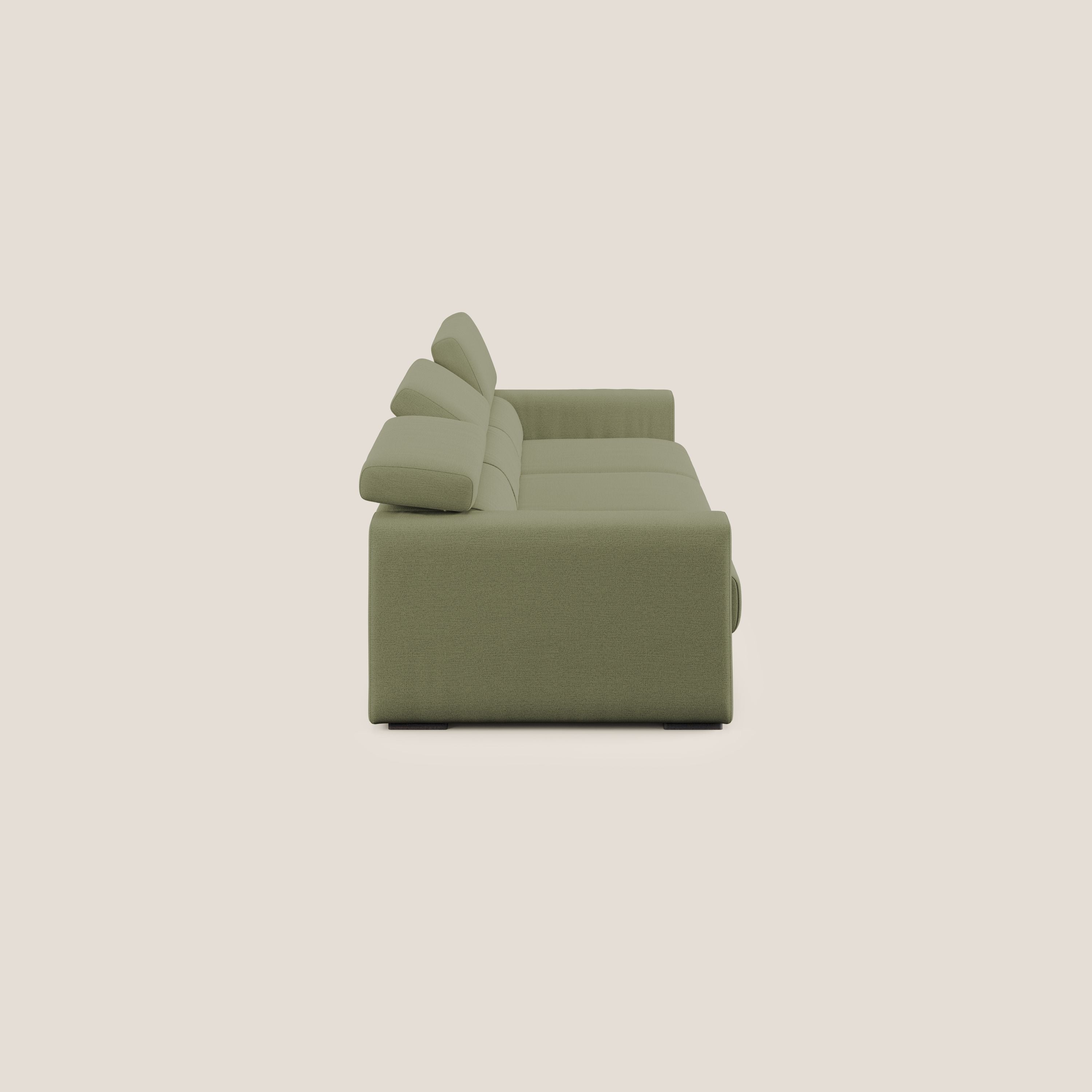 Dylan divano a 3 sedute con pouf estraibile poggiapiedi in tessuto fiammato simil cotone impermeabile T19 verde - divani.store