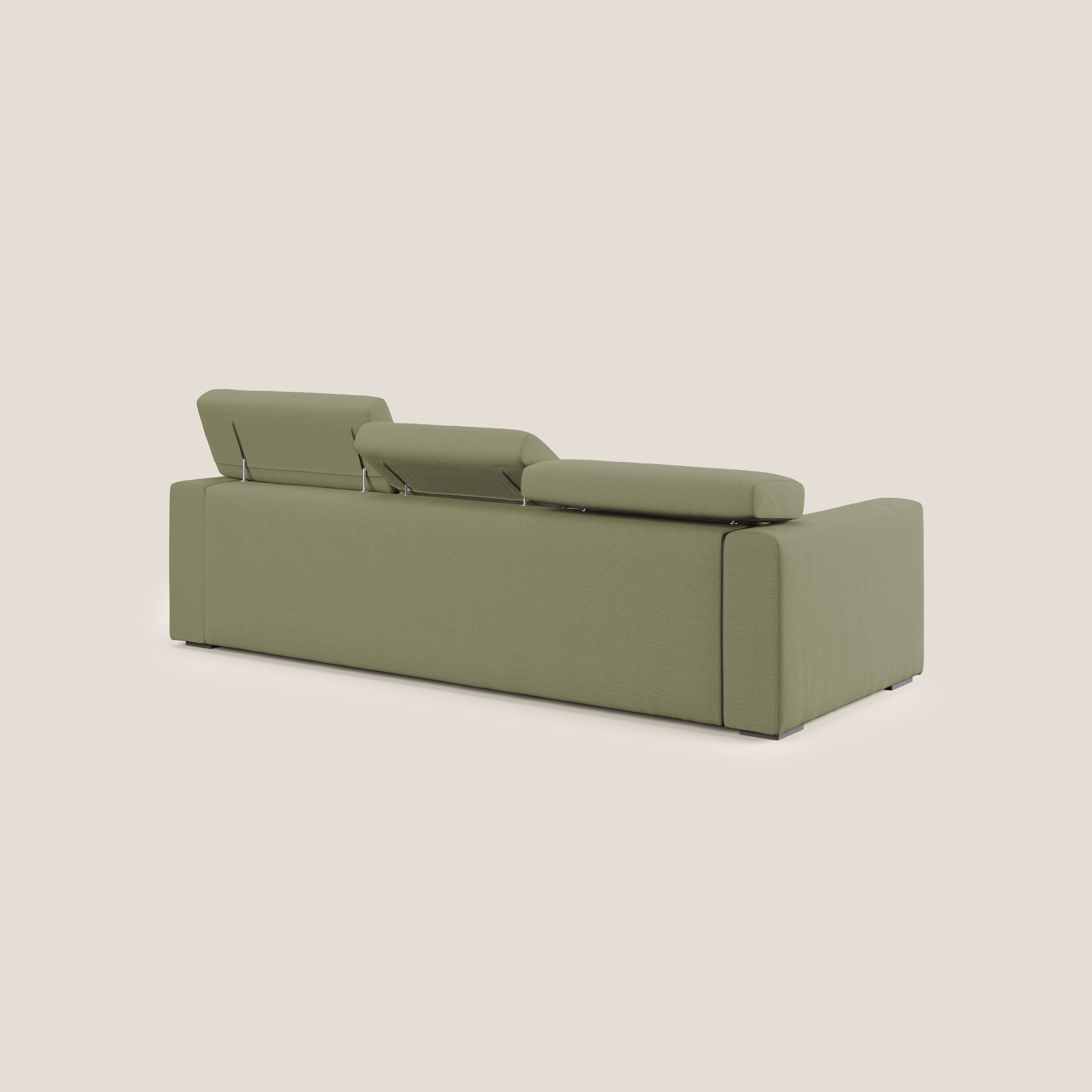 Dylan divano a 3 sedute con pouf estraibile poggiapiedi in tessuto fiammato simil cotone impermeabile T19 verde - divani.store